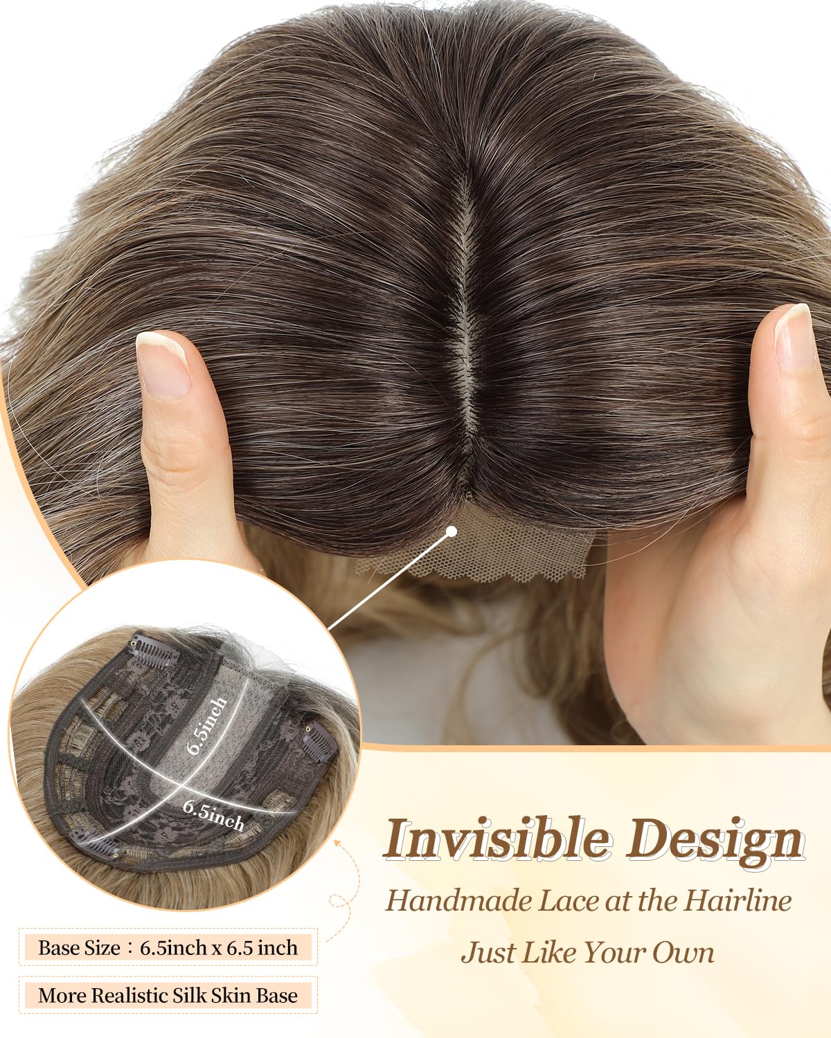 PANEWAY 16Inch Wavy Curly Brown Blonde Hair Topper with Dark Root - Clip In Hair Topper for Women