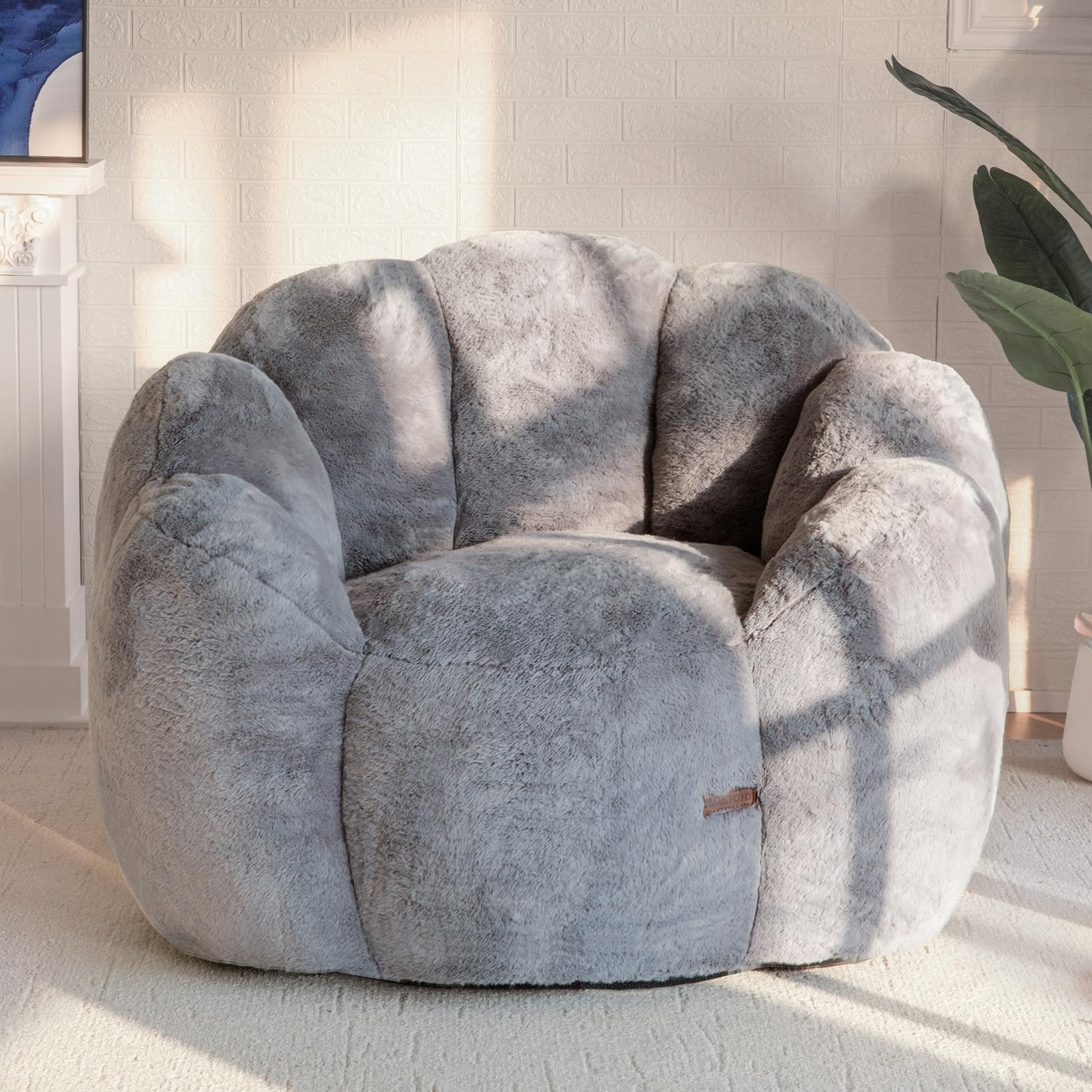 MAXYOYO Bean Bag Chair for Adults, Floral Shaped Bean Bag Sofa, Ultra Soft Faux Fur Floor Sofa, Large Reading Chair for Living Room Bedroom, Dark Grey
