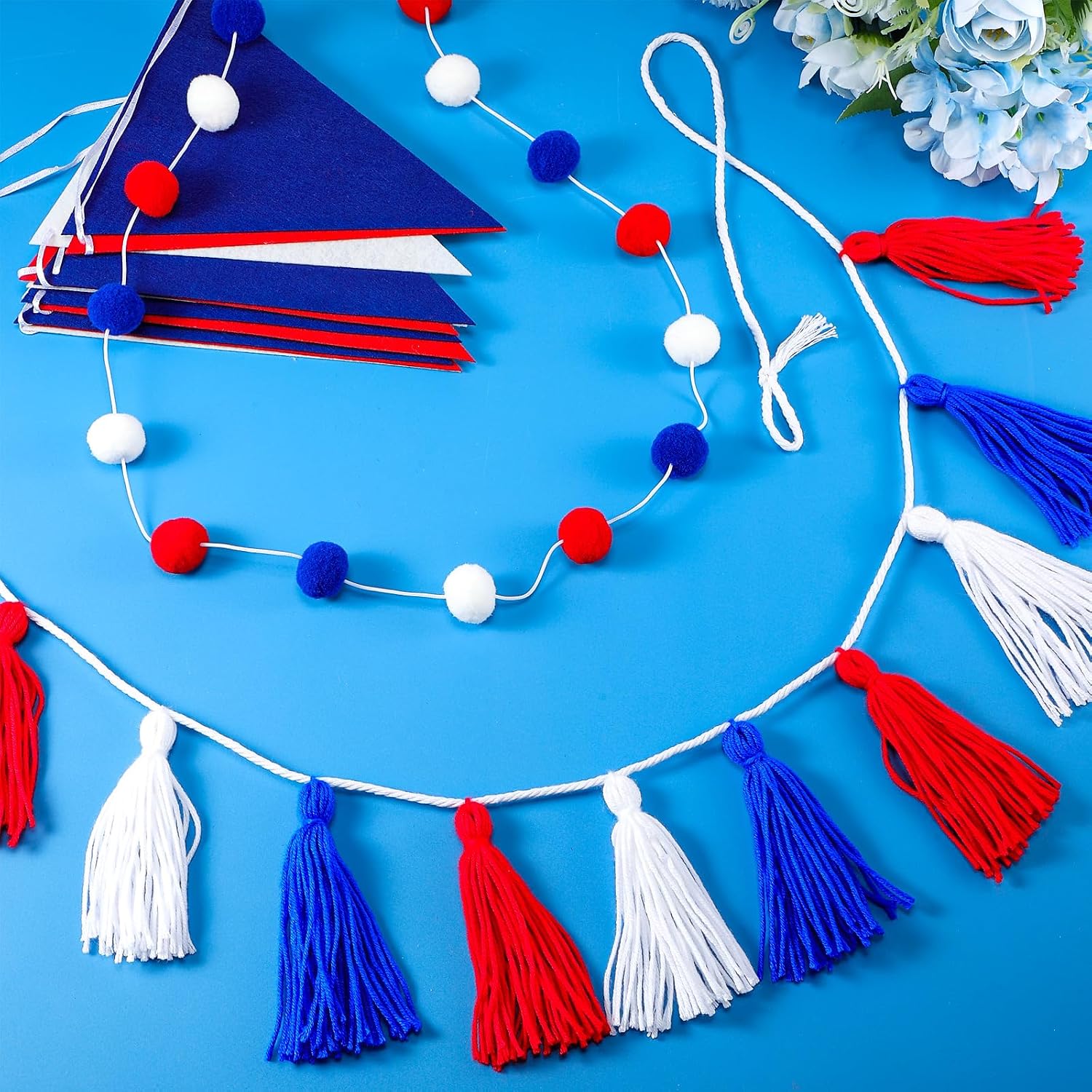 Irenare 9.8 ft 4th of July Patriotic Garland 250th Independ Day Red White and Blue Pom Pom Garland Felt Fabric Banner Set Colorful 3.6 ft Felt Pennant Banner for Classroom School Fireplace Birthday