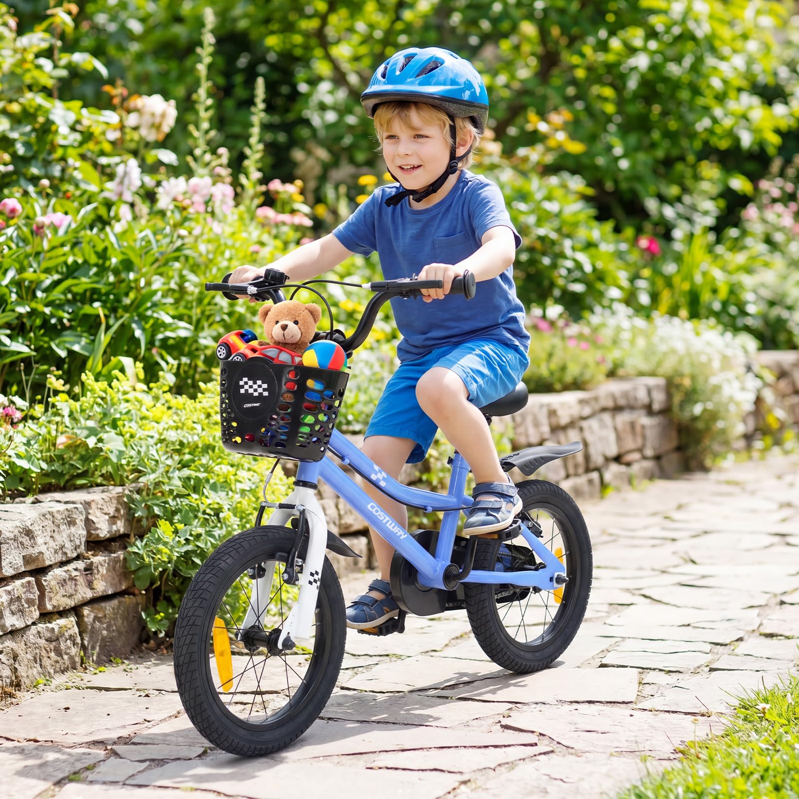 COSTWAY Kinderfahrrad mit Korb, 14/16 Zoll Fahrrad mit höhenverstellbarem Sattel & Lenker, Kinderrad mit Klingel, Schutzblech & Stützrädern für 3-7 Jahren Jungen & Mädchen
