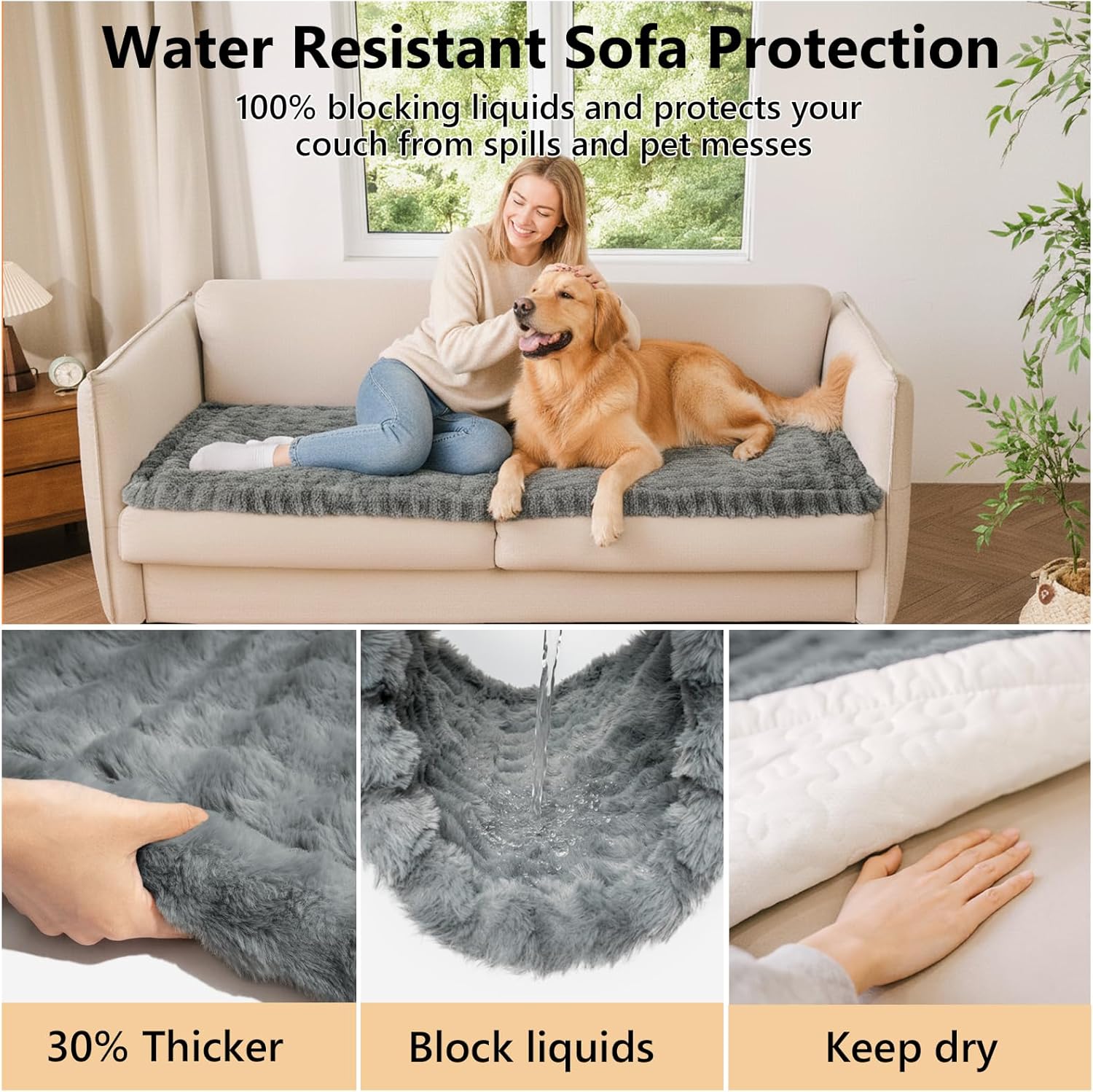 FUNNY FUZZY Pet Couch Cover for Sofa, Thick Waterproof Couch Cover for Dogs Washable, Pet Friendly Fuzzy Sofa Covers Soft Dog Bed Mat Non Slip for Couches and Sofas, Grey, 27.6"×70.9"