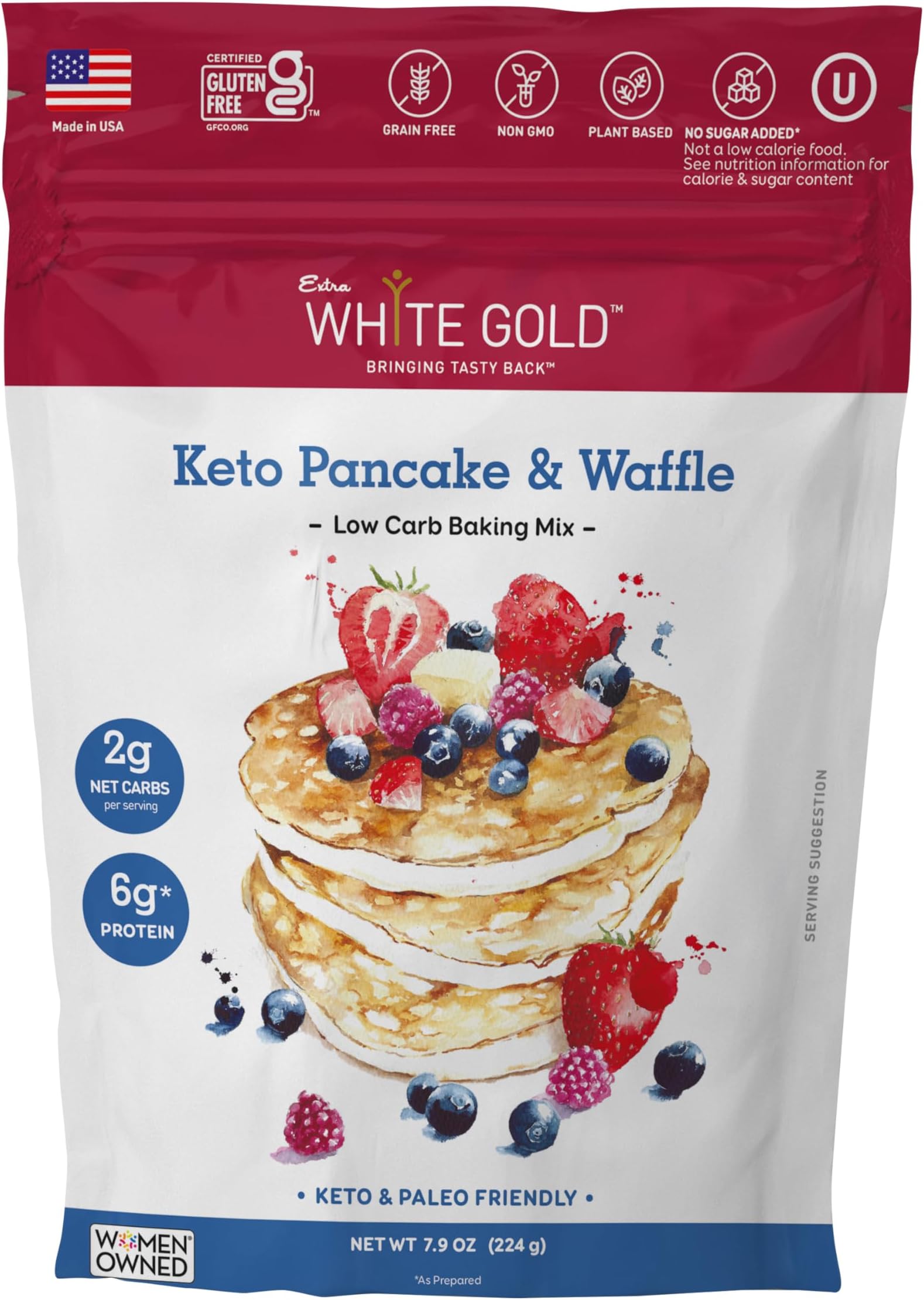 Extra White Gold Low Carb Pancake and Waffle Mix, Keto Baking mix, No added sugar, No sugar alcohol, Gluten Free, Grain Free, Diabetic, Atkins & WW Friendly