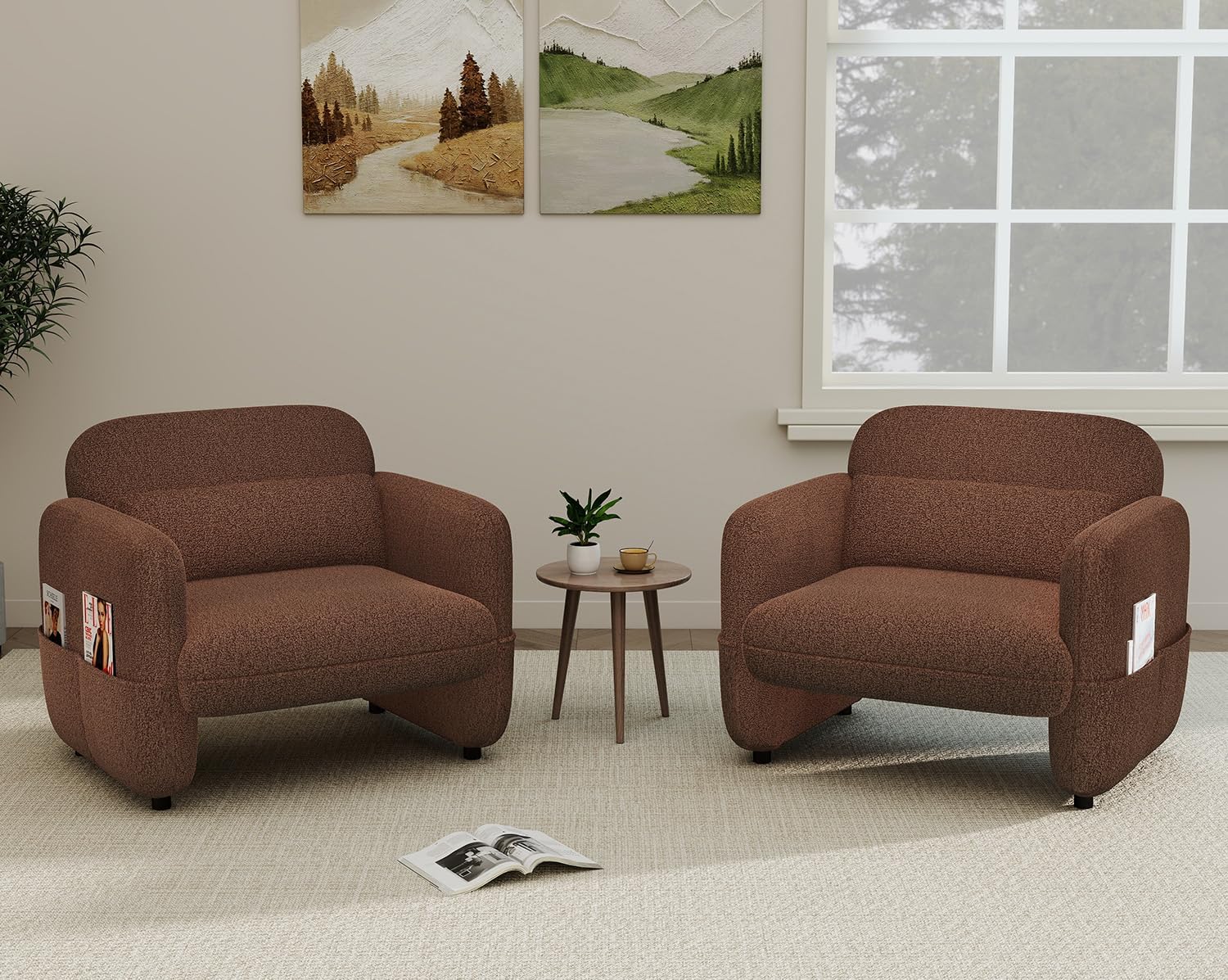 33.46" Accent Chairs Set of 2, Comfy Living Room Reading Chairs, Oversized Sherpa Lamb Lounge arm Chair with Waist Pillow for Bedroom and Living Room (Dark Brown)