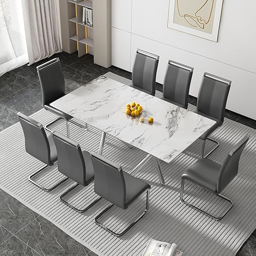 Miniatura 31 de Juego de 6 mesas de comedor de cristal, moderno juego de mesa de comedor de 71 pulgadas con 6 sillas de comedor tapizadas de piel sintética para