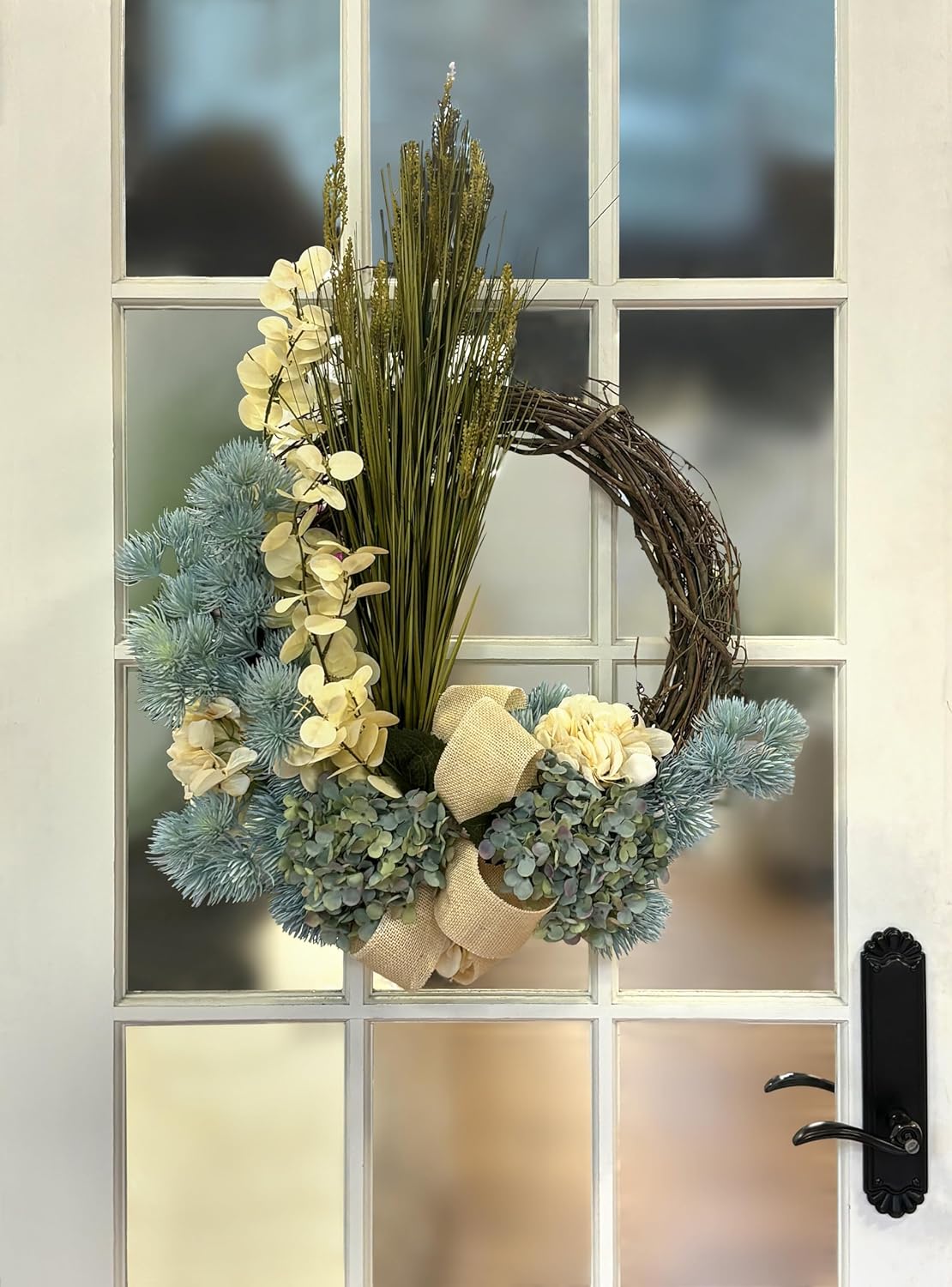 Creative Displays, 24'' Coastal Wreath Arranged with Eucalyptus, Hydrangea and Thistle, Made in USA for Home or Office