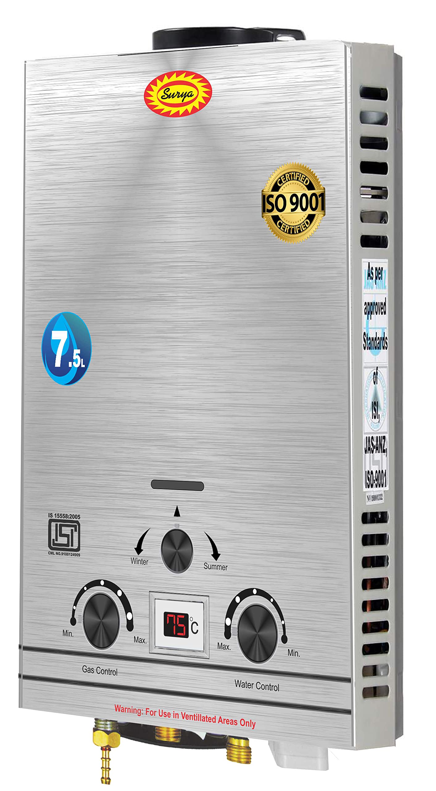 Buy Surya Instant Gas Geyser 7.5 litres with Stainless Steel Body with  Temperature Display Meter u0026 Heavy Pure Copper Tank Online at Low Prices in  India - Amazon.in