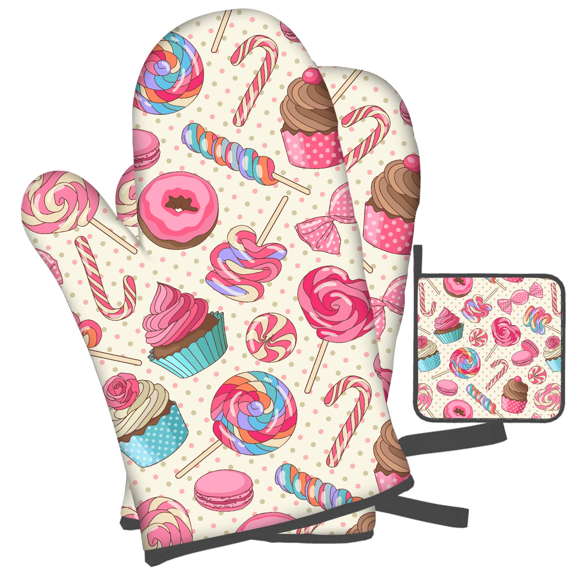 Cupcake Moose Oven Mitts Gloves with Pot Holders Sets, 3 Pack Heat Resistant 481 ℉ Non Slip Cotton Lining Kitchen Women Men Cooking Barbecue Microwave Animal Oven Mitts