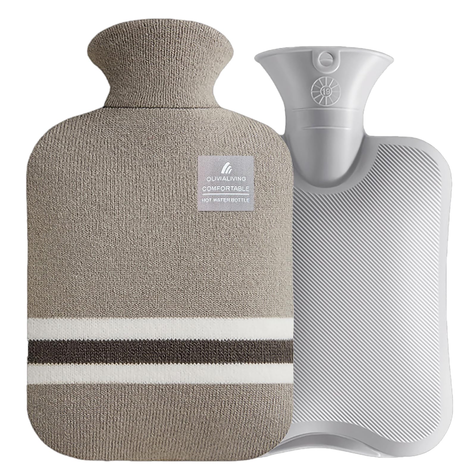 OliviaLiving Hot Water Bottle with Classic Striped Cover, 2L Hot Water Bag for Menstrual Cramps, Neck and Shoulder Pain Relief, Hot and Cold Therapies