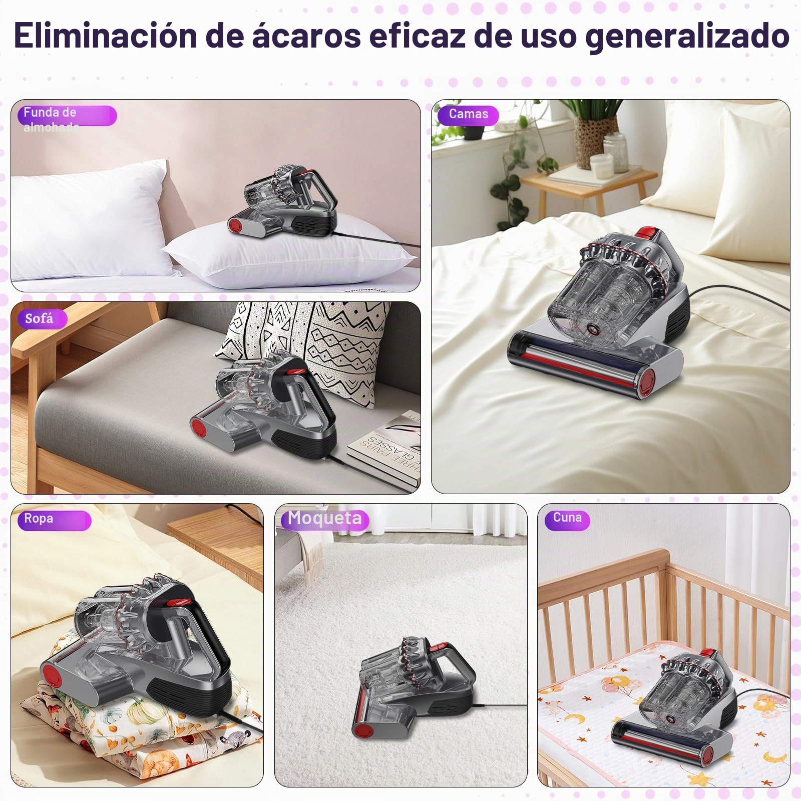 Rsaoty Aspiradora Antiacaros,13KPa Aspirador de Acaros,Aspirador de Colchones Acaros con Luz UV y Ultrasónica, Elimina 99.9%,Aire Caliente a 60° para Camas, sofás, alfombras