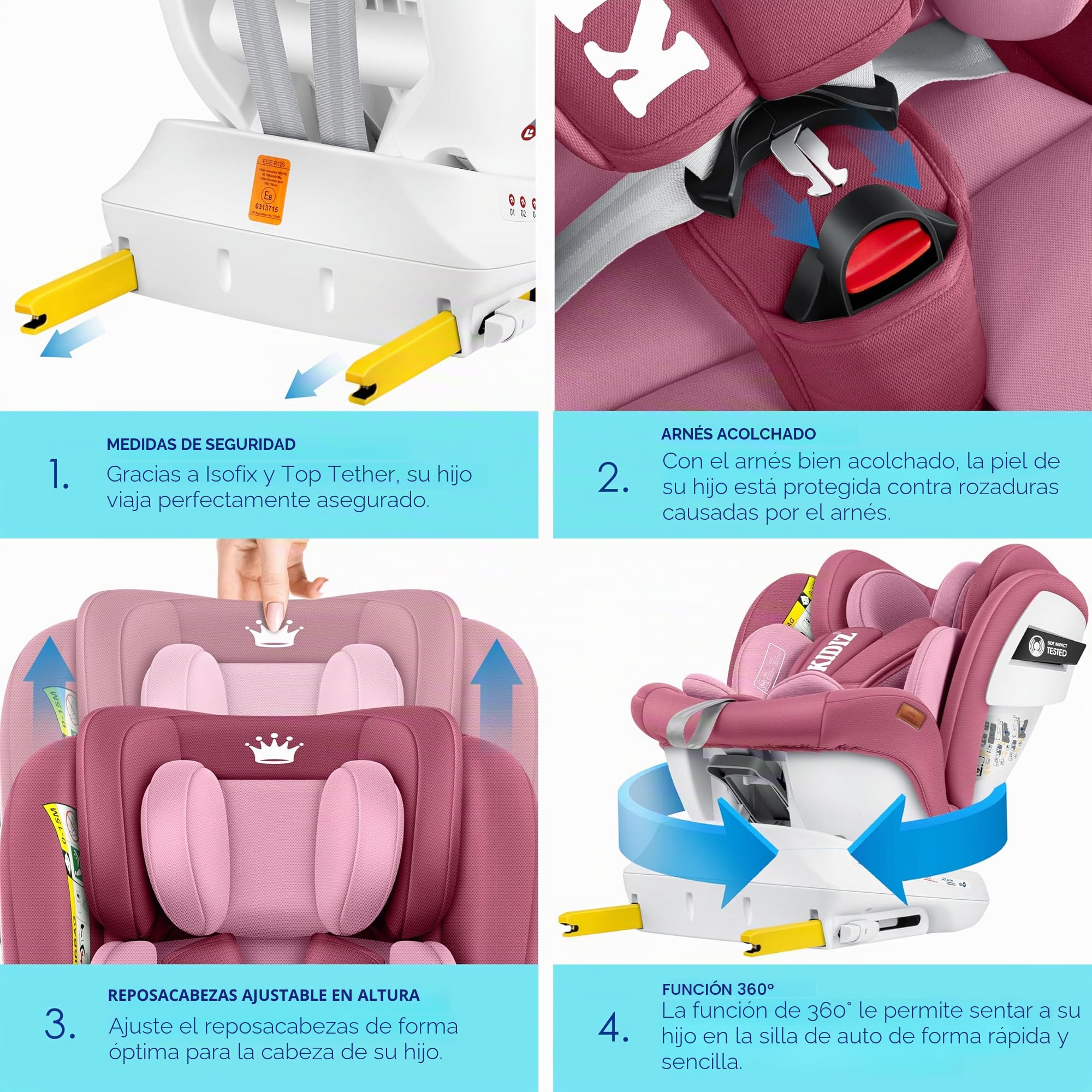 KIDIZ® Silla de coche para bebés Isofix Top Tether 360° giratoria, grupo 0/1/2/3 desde el nacimiento 0-36 kg, con toldo, arnés de 5 puntos, ajuste del reposacabezas ECE R129