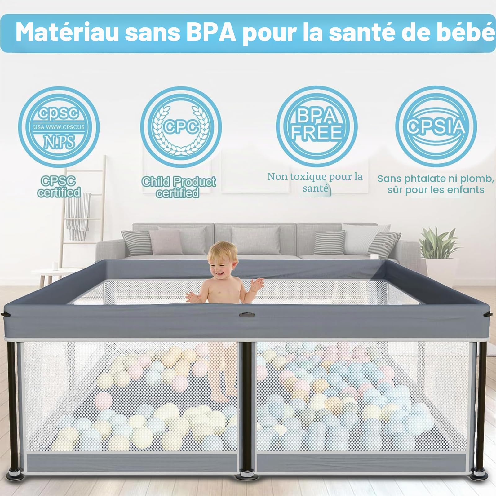 Parc pour bébé avec matelas, intérieur et extérieur, parc pliable, avec 50 balles d'océan (gris, 127 x 127 cm)