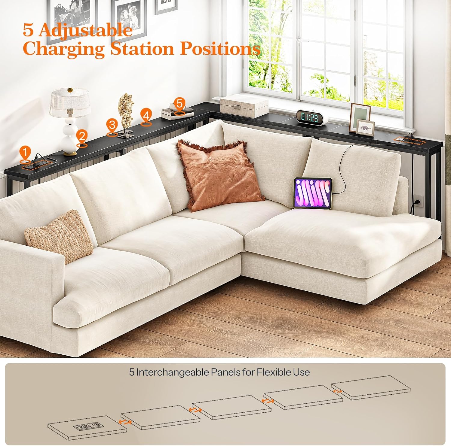 Image showing a console table behind a couch with a charging station, indicating five possible positions for the charging unit.