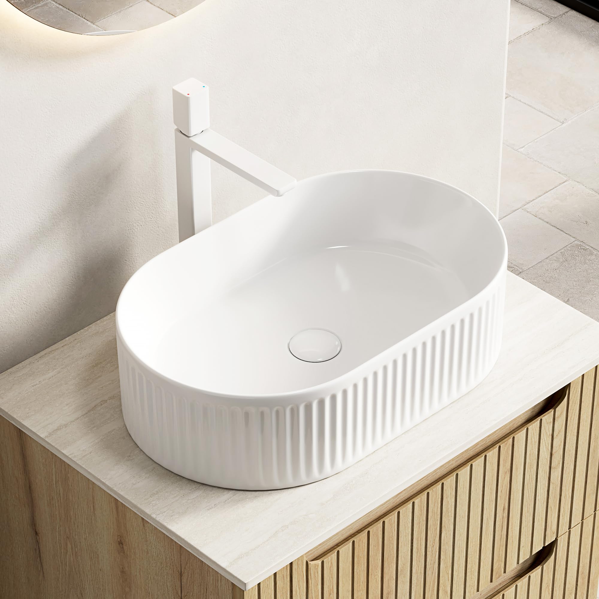 Lavabo ovalado de cerámica, 49 cm, blanco, sin grifo ni desagüe, a rayas, para baño