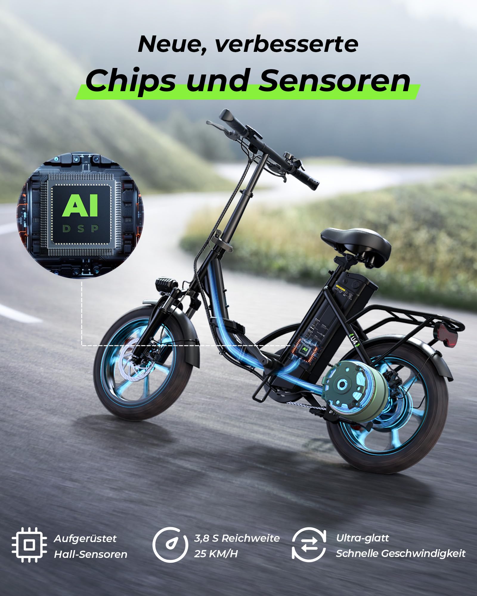 Finbike Klapprad E-Bike 16 * 2.15 Zoll Fat Tire,Tragbares Elektrofahrrad mit 10.4Ah Abnehmbarem Akku,4 Fahrmodi,PAS Reichweite MAX 88KM,Falt-Elektrofahrräder für Herren Damen Pendeln