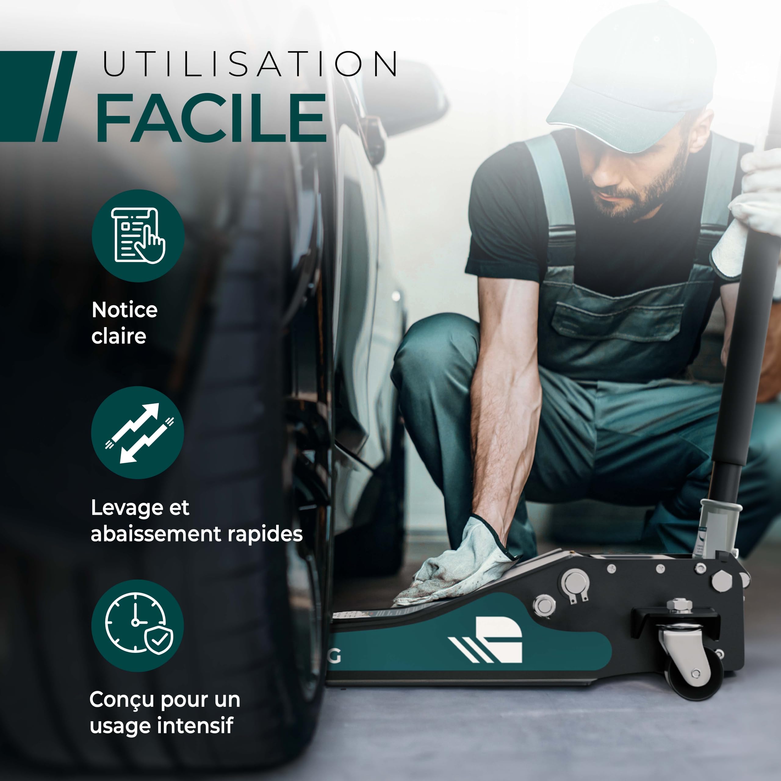 CargoVA Cric hydraulique 3T - Cric Plat avec Hauteur de Levage de 75 à 505 mm - Kit d'outils Professionnel avec Tapis de Genoux et 2 Patins en Caoutchouc - Idéal pour Les SUV et Les Voitures