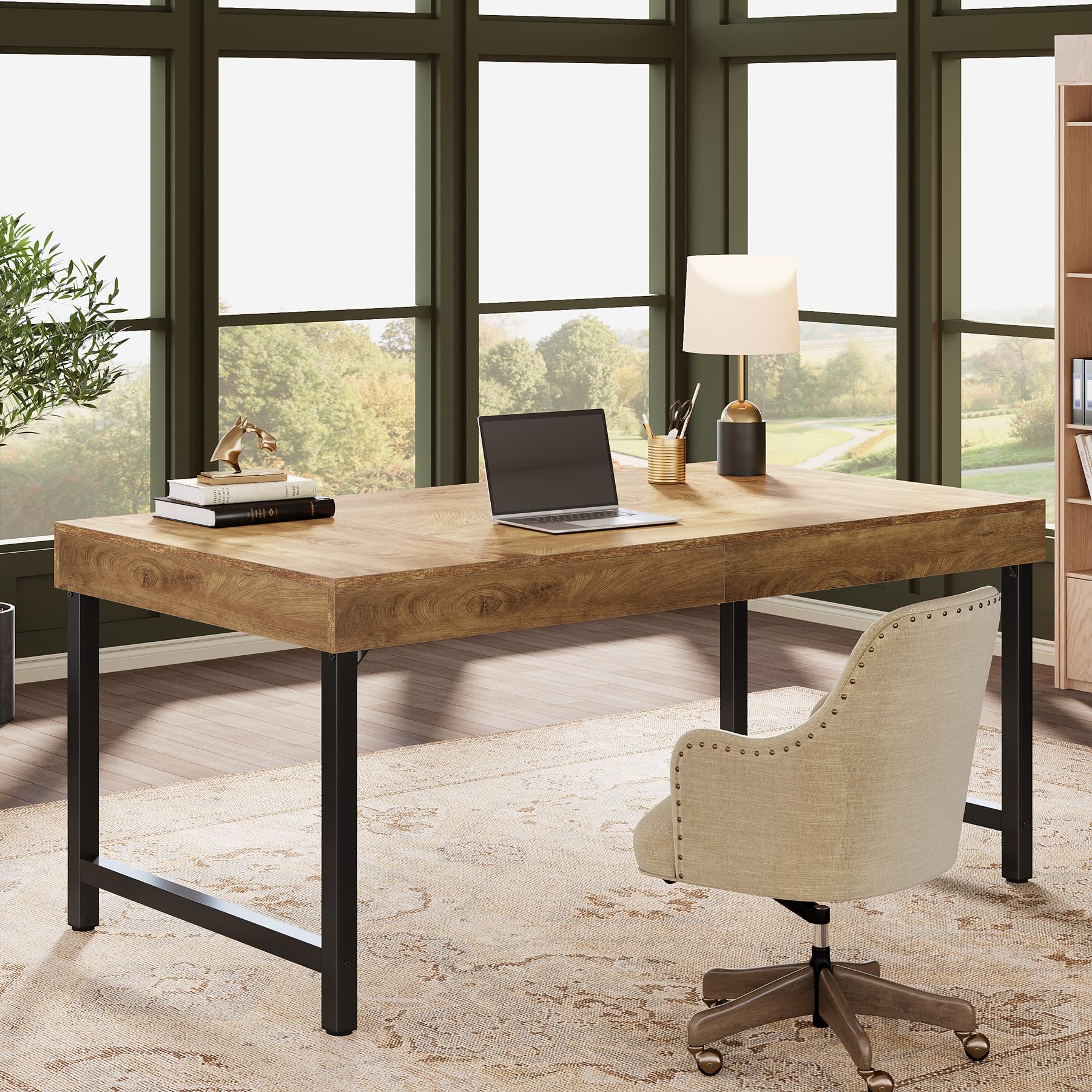 Tribesigns Escritorio de jefe industrial, mesa de ordenador para oficina en casa, mesa rústica simple para ordenador portátil con patas de metal fuertes, escritorio de trabajo, espacio de trabajo de