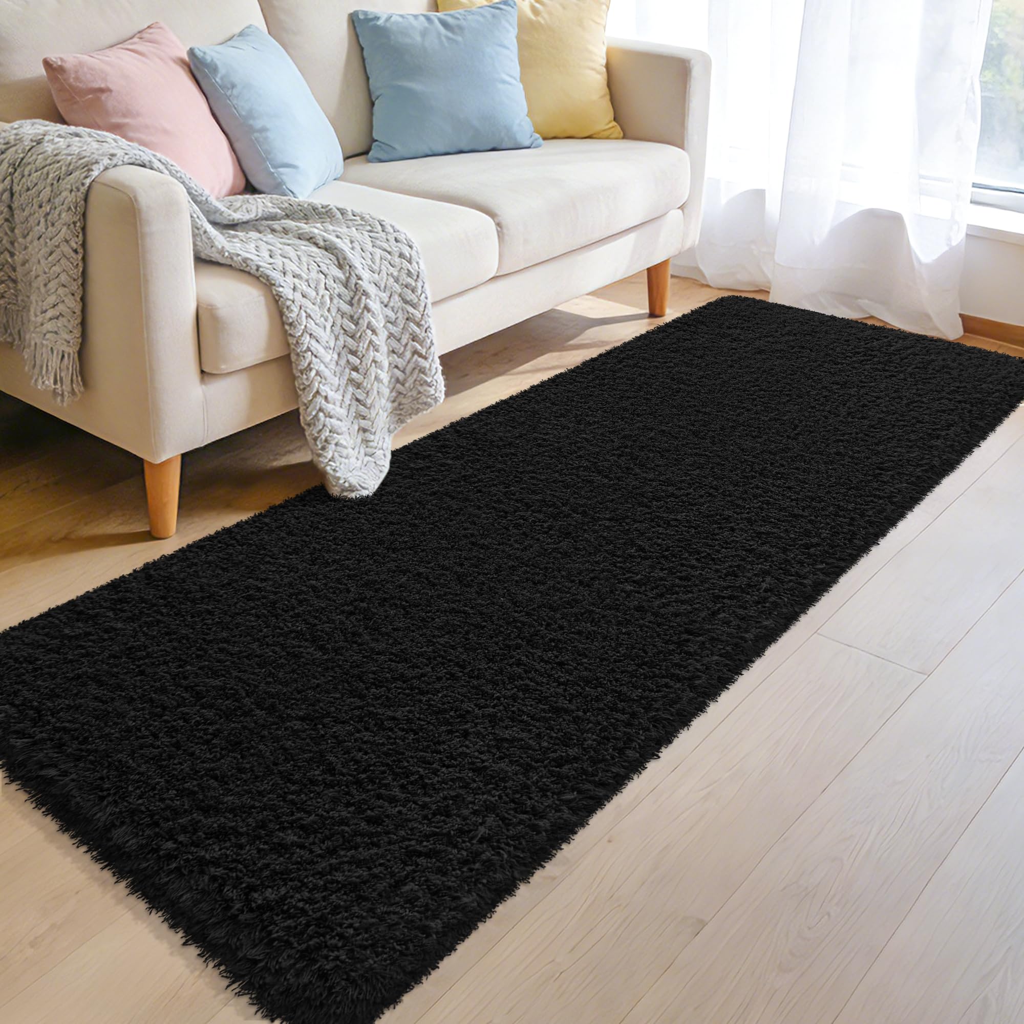 Photo 1 of ***DIRTY*** MondayRug Soft Runner Rugs for Bedroom Black Shag Runner 2x6 Ft Hallway Runner Plush Shaggy Carpet Non Slip for Bedside Sofa Living Room Dorm