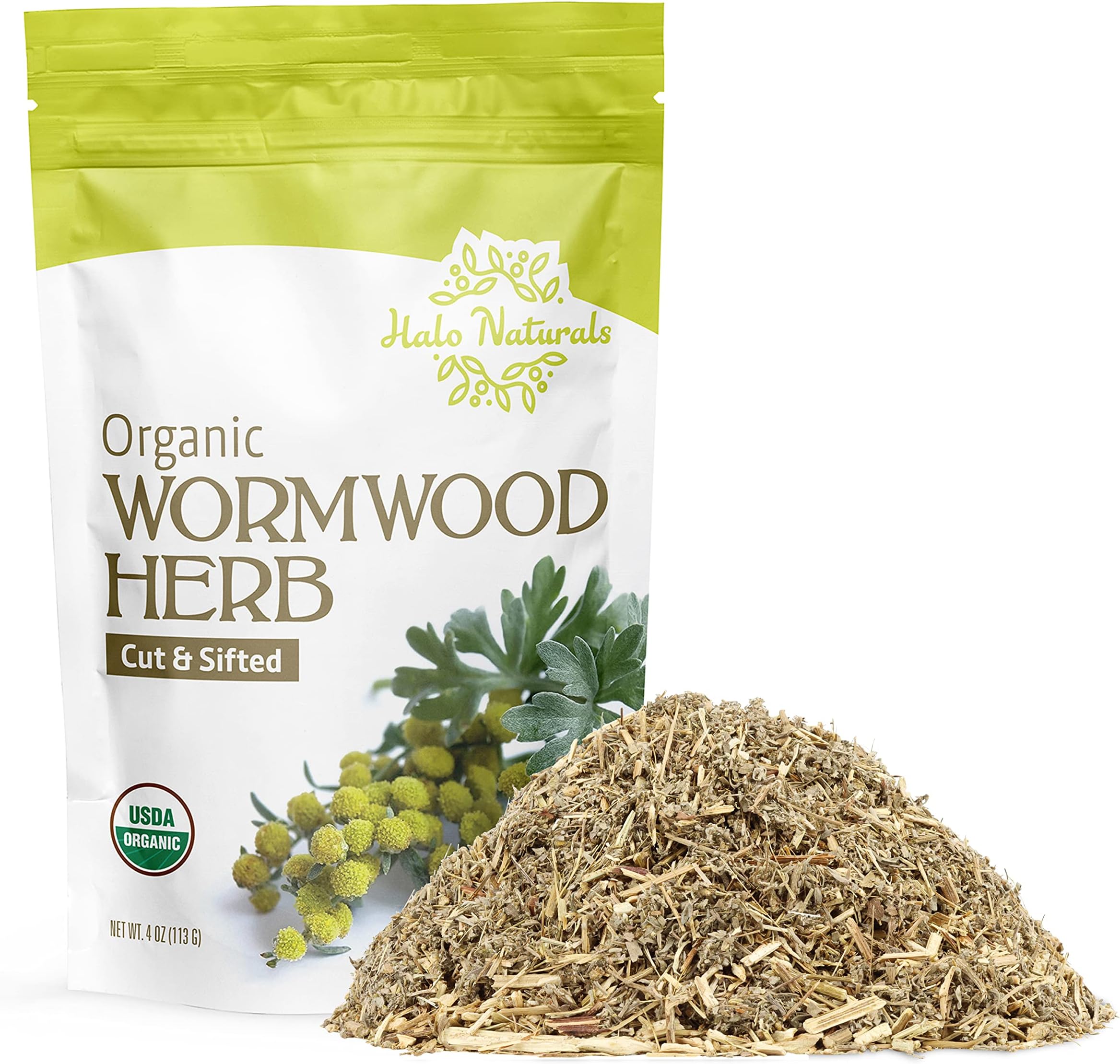 Halo Naturals Organic Wormwood Herb Cut & Sifted, 4 Ounces (Artemisia Absinthium) USDA Certified Wormwood Tea | Non-GMO | Vegan| Resealable Pouch| Packaged in The USA (Pack of 1)