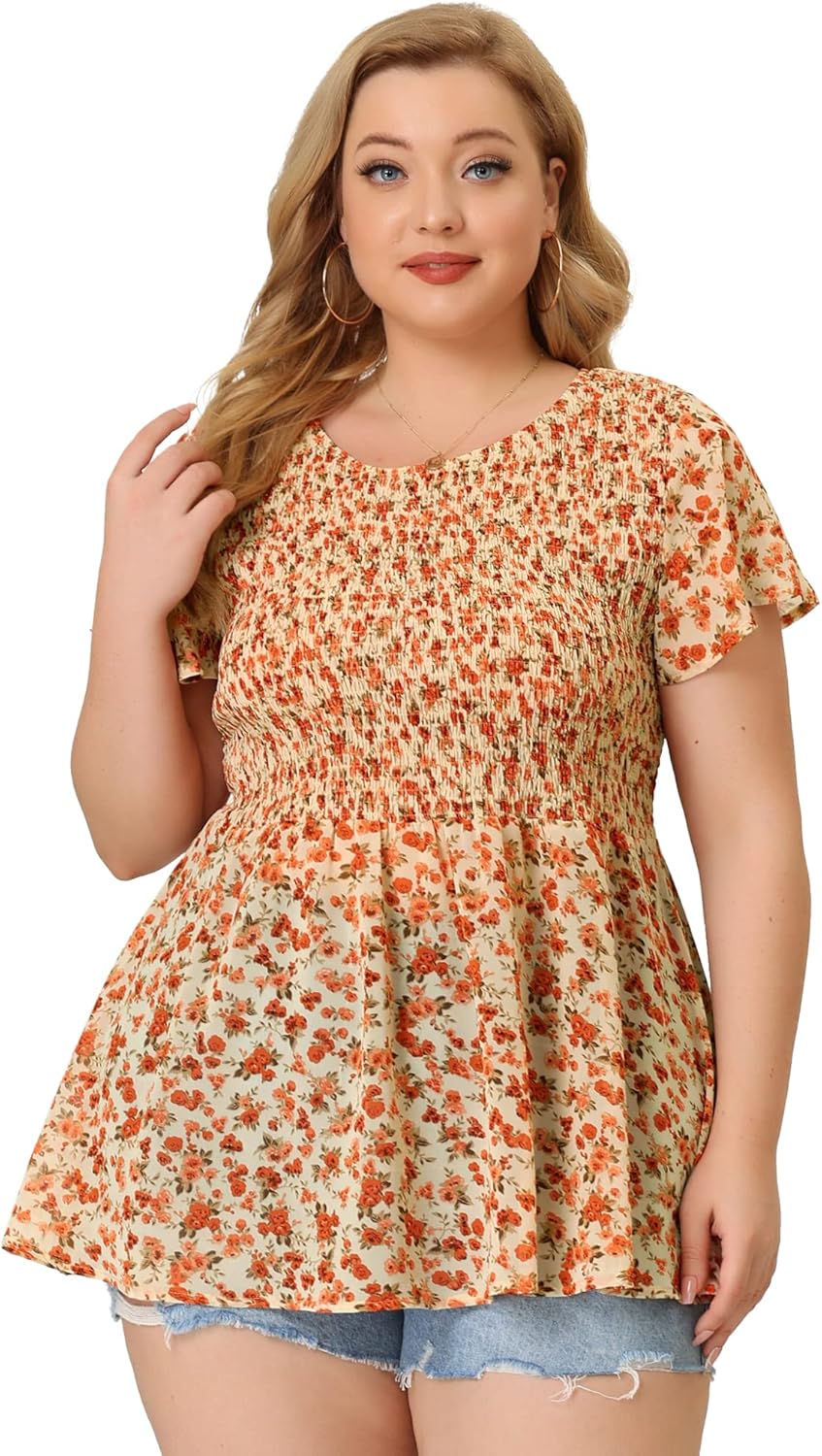 Agnes Orinda Plus Size Chiffon Blouses for Women Summer Flare Short Sleeve Smocked Ditsy Floral Peplum Top - Image 4