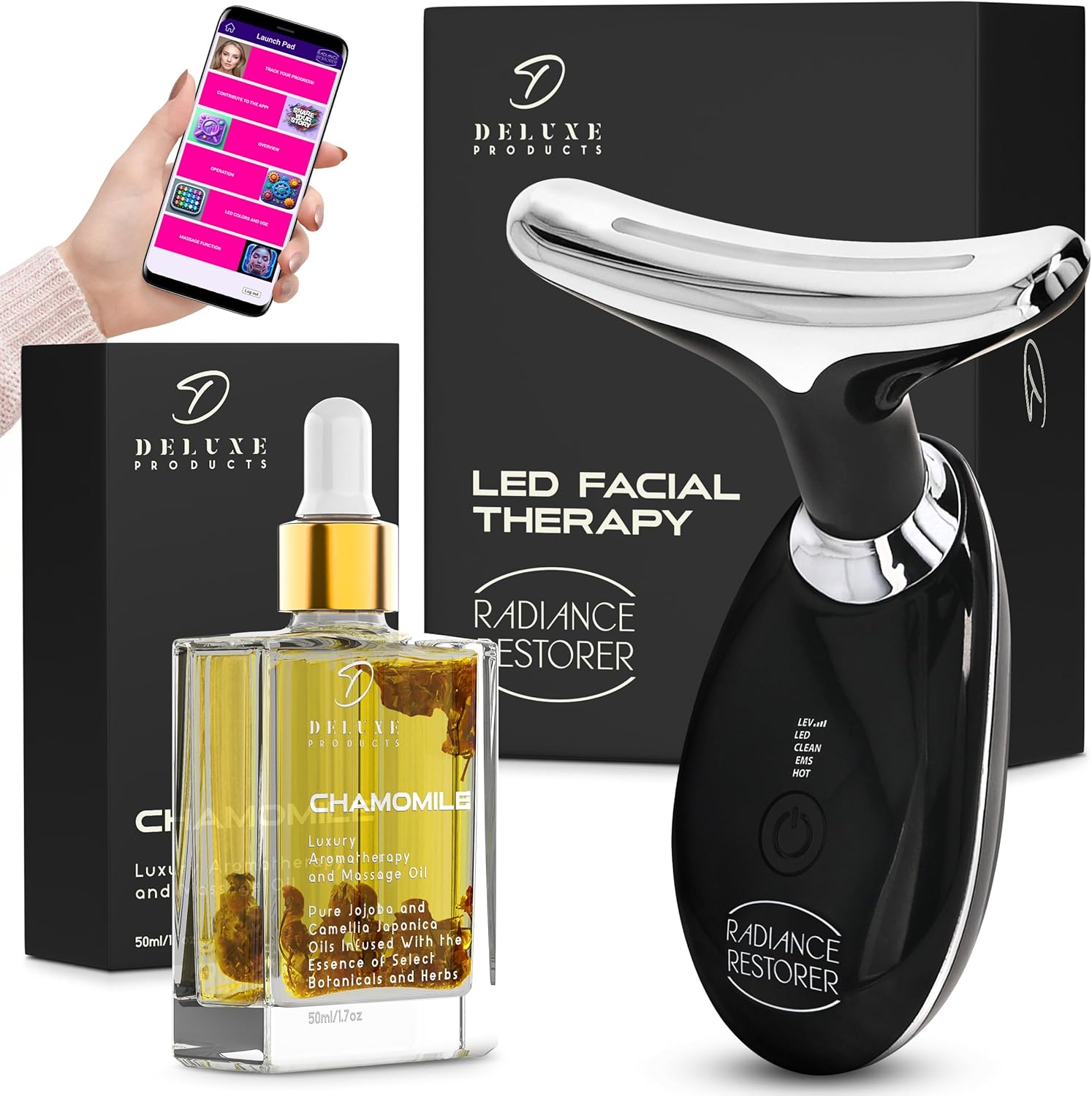 Radiance Restorer - Complete Wrinkle, Massage & Aromatherapy System - 7-Color LED Light Therapy, 3 Massage Functions, *Plus Heat!* - *Choice of Aromatherpay Massage Oil* - *Web App!* (Chamomile)