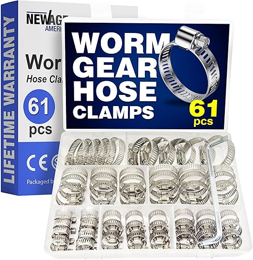 New Age America® 61pcs Worm Gear Hose Clamps Assortment & Tool | 7 Sizes | Adjustable 1/4" to 1-1/2" (6-38mm) | 304 Stainless Steel | Small Hose Presses | Fuel Line Hose Grips | Engraved