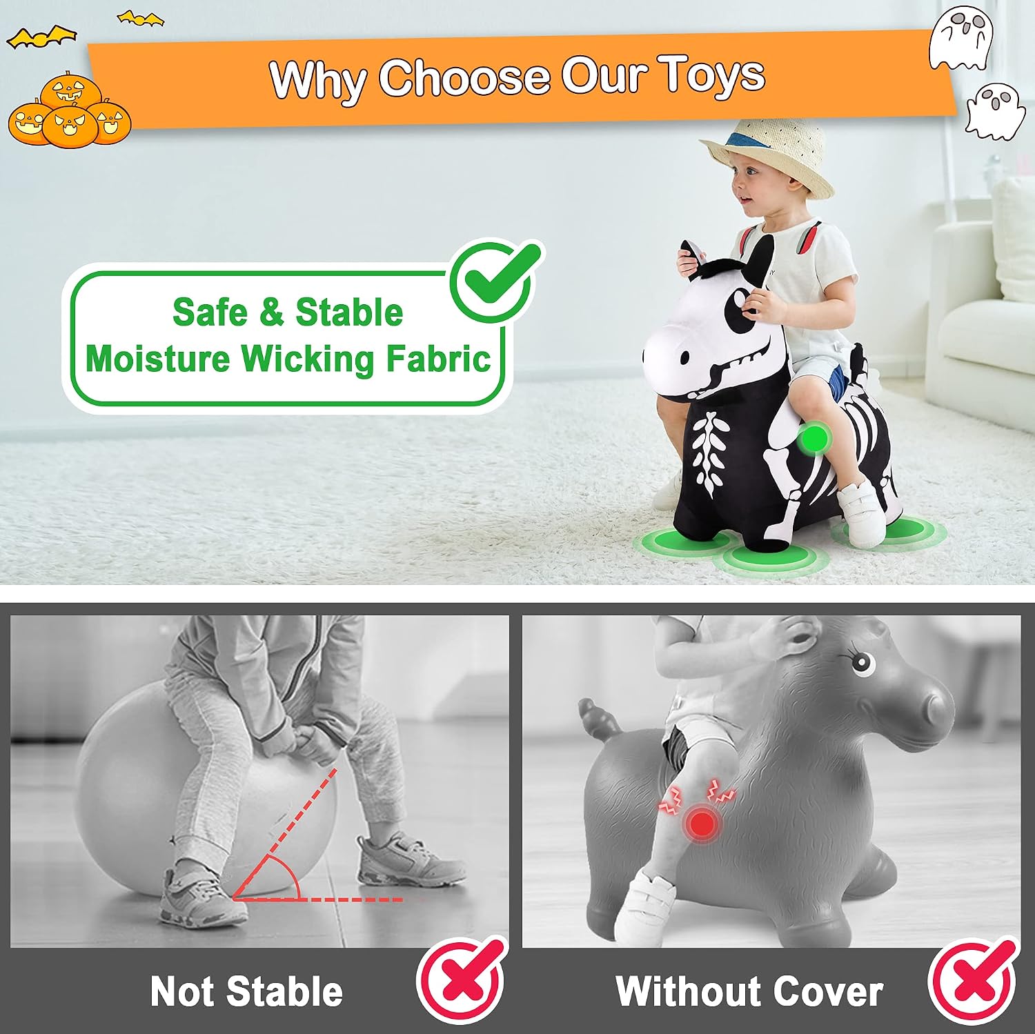 Bouncy Pals Skeleton Hopping Horse, Toddler Bouncing Animal Halloween Toys image 4