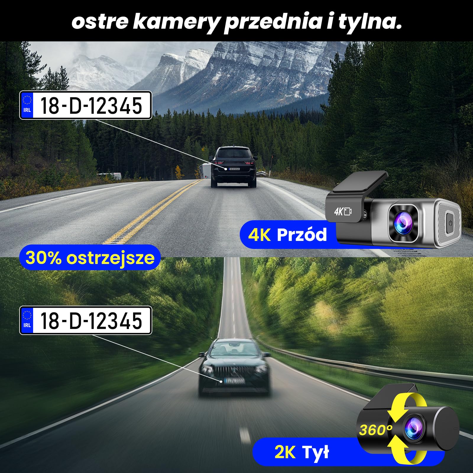 Kamera samochodowa Dashcam podwójna 4K/2K WiFi z aplikacją – Przednia 4K + Tylna 2K, Mini Kamera Samochodowa, Karta 64 GB, Noktowizja, Nagrywanie w pętli, Tryb Parking 24 h