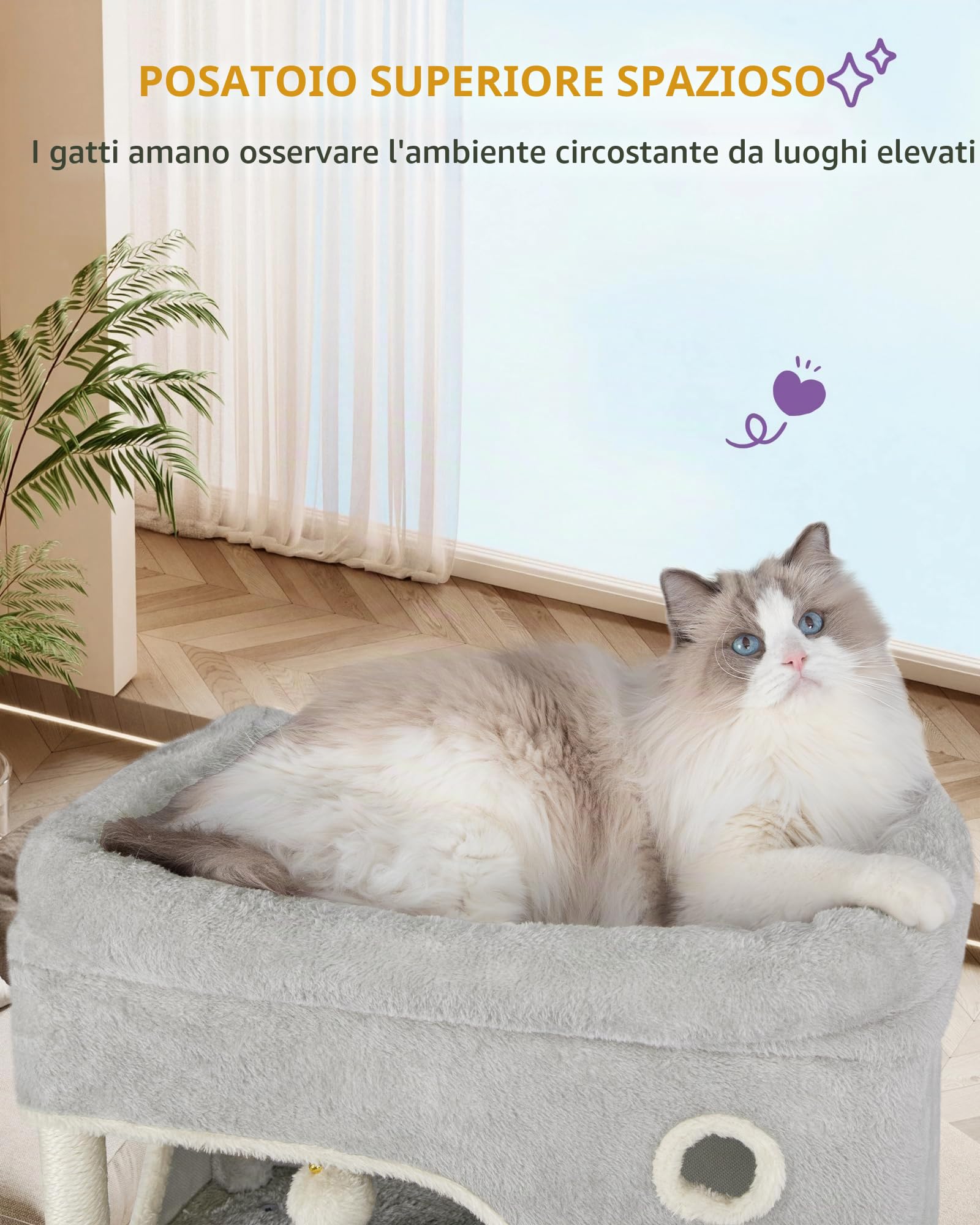 Hzuaneri Tiragraffi per Gatti, Albero per Gatti Multistrato da 178 cm con Grande Piattaforma, 2 Grotte, 7 Pali in Sisal, Pompon, Cesta, Amaca, Grigio Chiaro MS17818LG