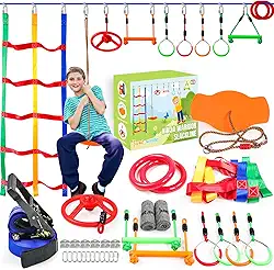 Ninja Warrior Pista de obstáculos para crianças Outside-Ninja Slackline 15,8 m com 11 obstáculos duráveis - rede de escalada, roda, ginástica guerreira e barras de macaco, linhas de folga para quintal