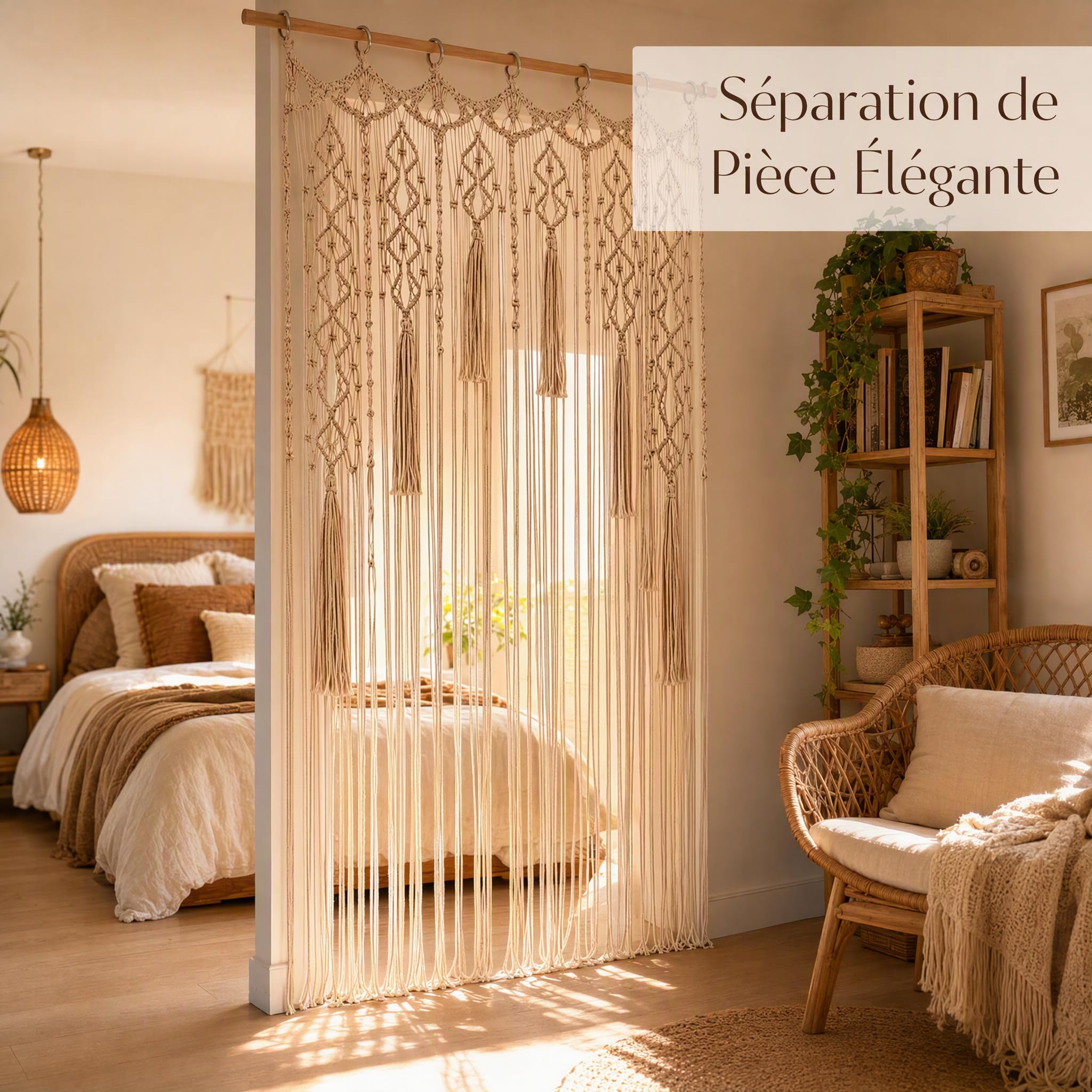 Rideau de porte bohème en macramé, rideau de porte tissé bohème, fait à la main en corde de coton, tapisserie de séparation de pièce, pour chambre à coucher, salon, décoration de mariage, beige