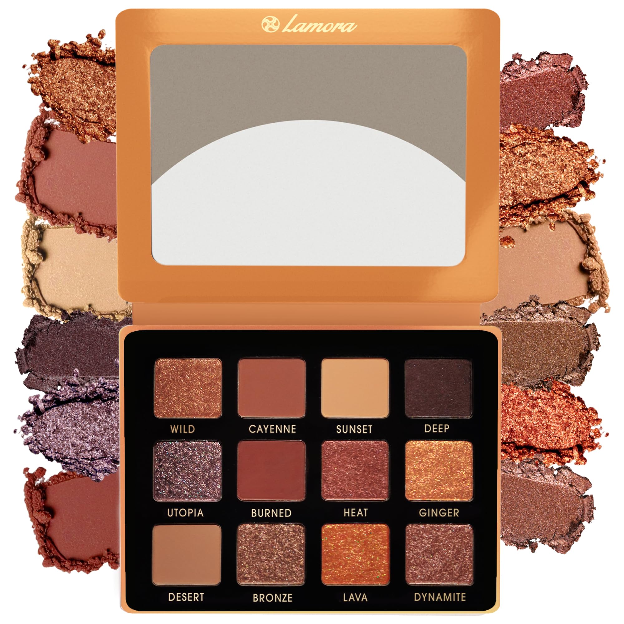 Lamora Nude Bronze Eyeshadow Palette - 12 Warm Brown Highly Pigmented Shimmer & Matte Shades - Travel Size Makeup Palette with Mirror