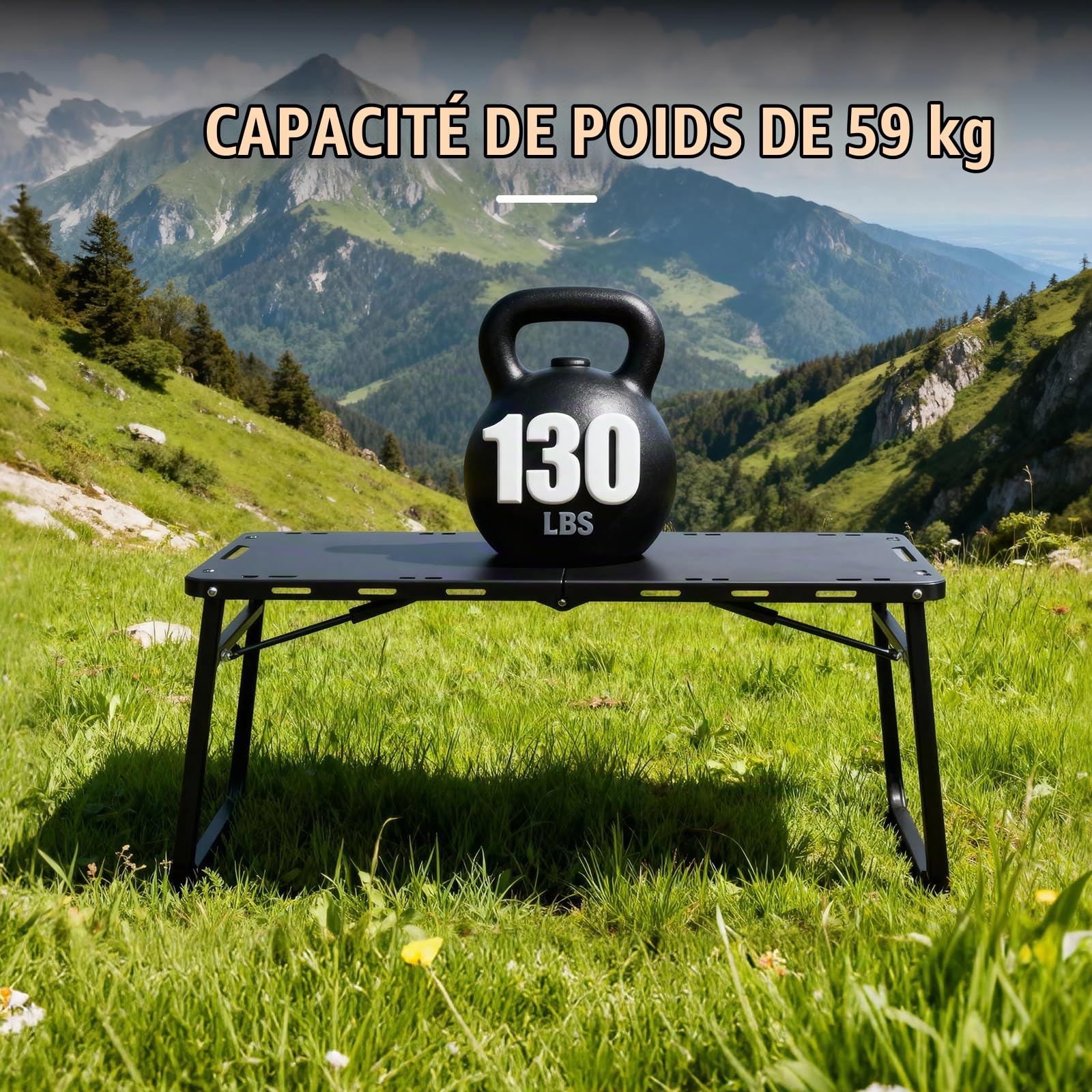 Table Camping Basse Métal Noir, Pliante + Sac de Transport Inclus | Structure métal noir solide, format bas polyvalent, se plie compacte + sac transport, jardin, voyage barbecue