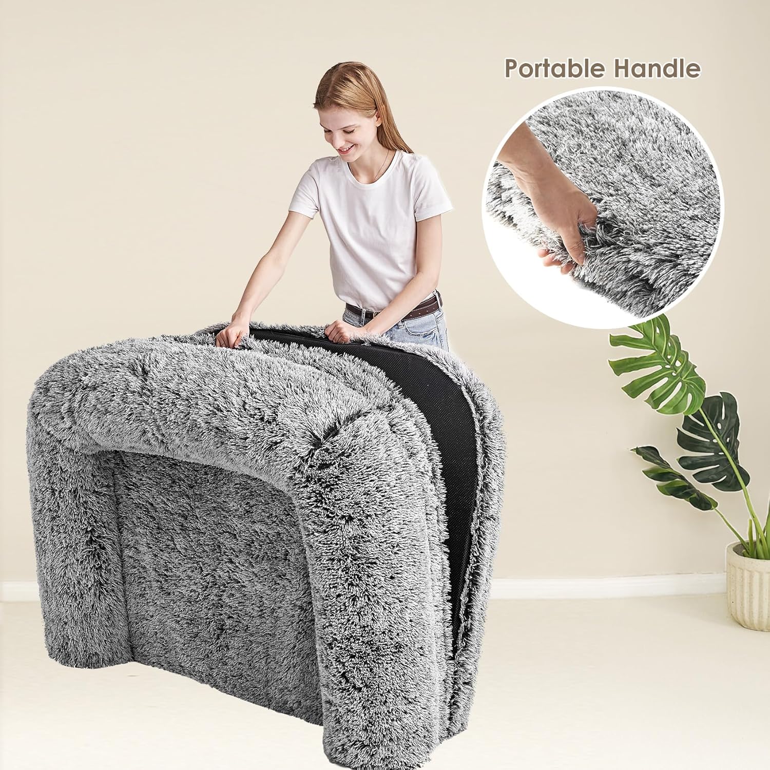 EHEYCIGA Foldable XXL Dog Bed for Large Sized Dog, 54"x38"x7.5" Faux Fur Fluffy Pet Couch Bed, Orthopedic Calming Memory Foam Big Pet Bed, Washable Pet Sofa Bed with Non-Slip Bottom, Faded Black