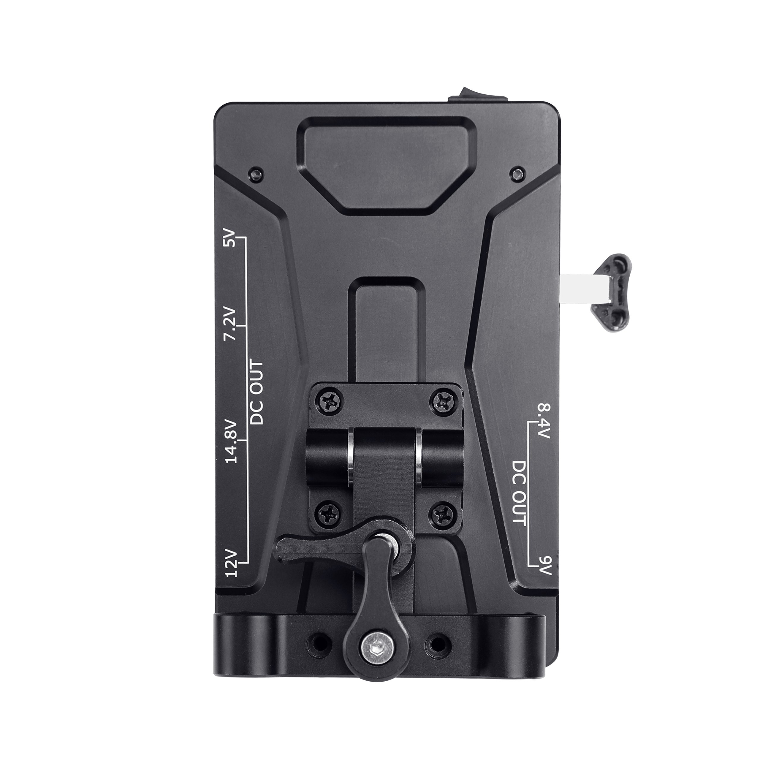 Movo RBS1 V-Mount Battery Plate with 15mm Rod Mount and 5V, 7.2V, 8.4V, 9V, 12V, 14.8V, and LP-E6 Power Supply Outputs for DSLR Cameras, Camcorders, Monitors, Microphones and More