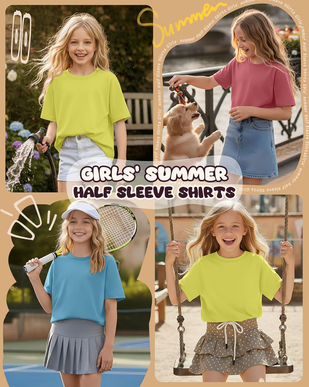 3 Pack Girls' Half Sleeve Shirts Crew Neck Elbow Length Tops Casual Loose T Shirt Soft Basic Tee for Kids Aged 5-14 - Image 2