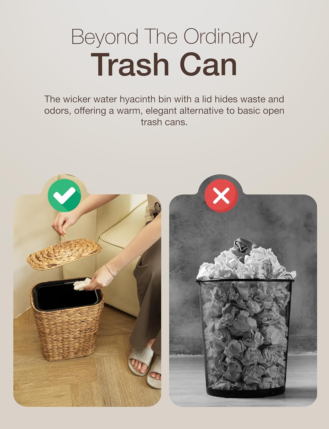 3 GALLONS Wicker Waste Basket - Wicker Trash Can with Lid - Water Hyacinth Bathroom Garbage Can with a Lid - Bathroom Trash Can Boho Style - Removable Liner, Iron Frame (Natural, 3 Gallons)