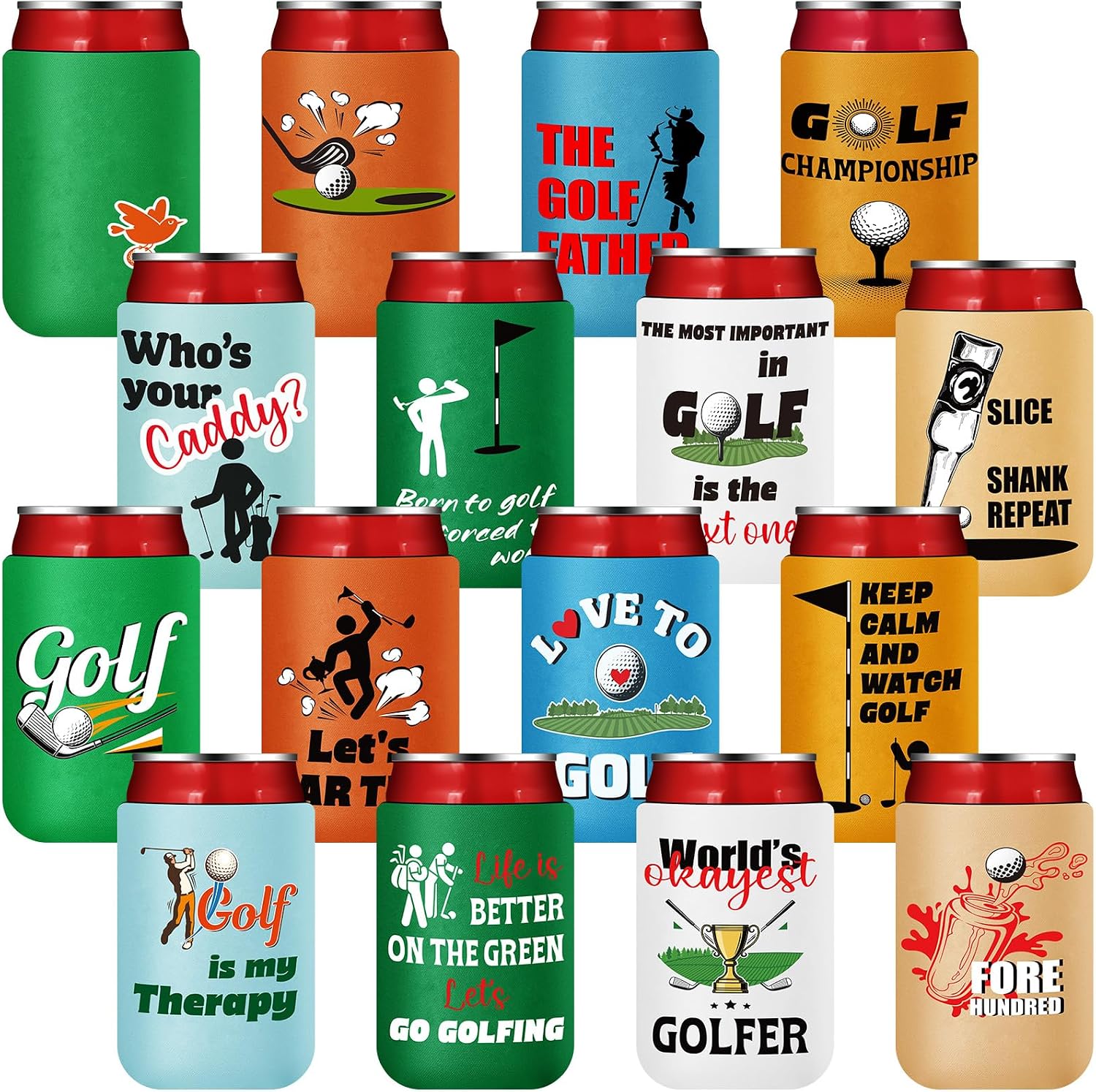 Domensi 16 Pcs Funny Golf Can Coolers Gifts, 12 oz Neoprene Insulated Can Sleeves Bulk, Reusable Cooler Cup Holder for Golf Party Favors Golfer Game Party, Fits Cans & Bottles (Vibrant)