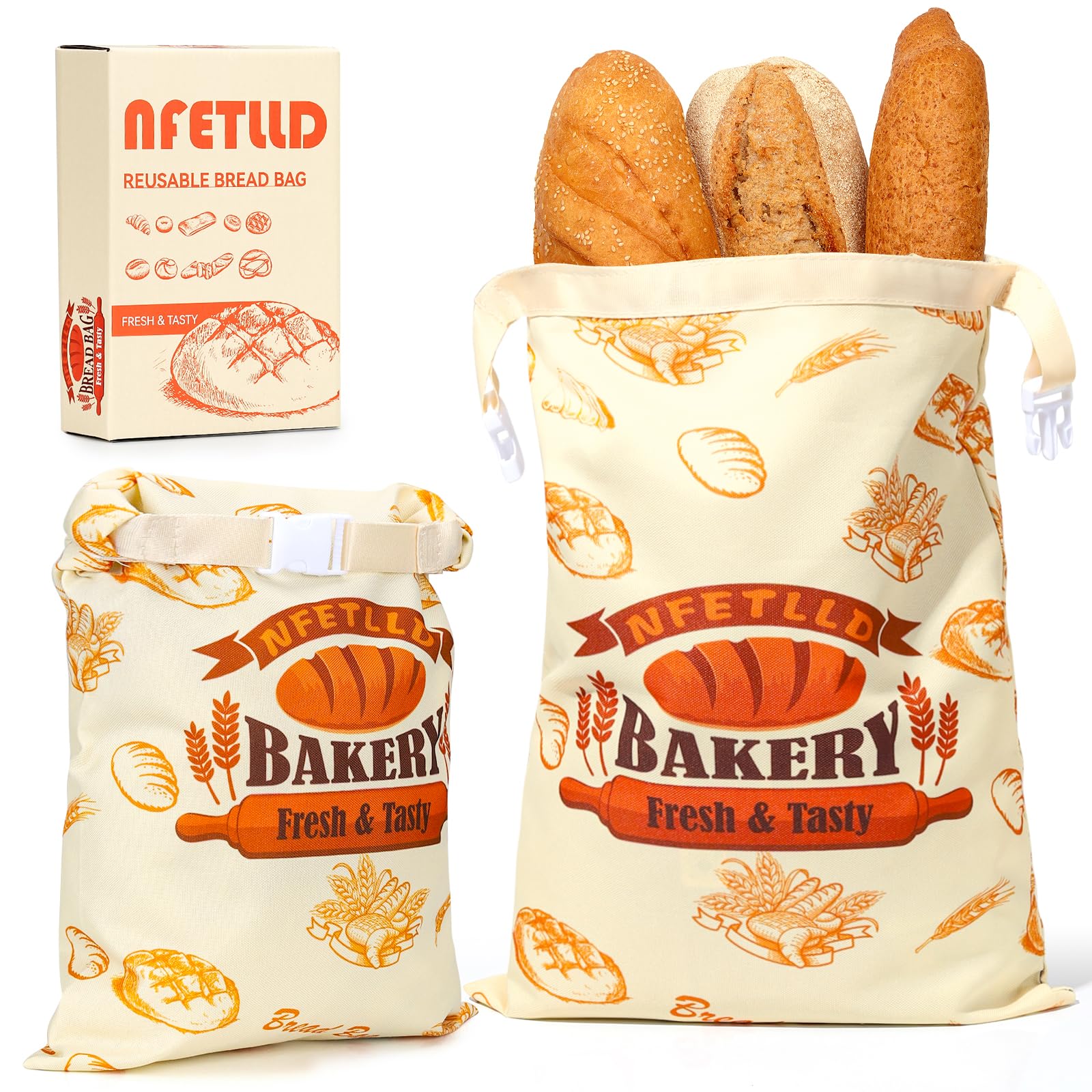 2 Packs Reusable Bread Bags for Homemade Bread, NFETLLD Homemade Sourdough Bags Storage Container Keep Loaf Fresh with Zipper & Clip Freezer Safe