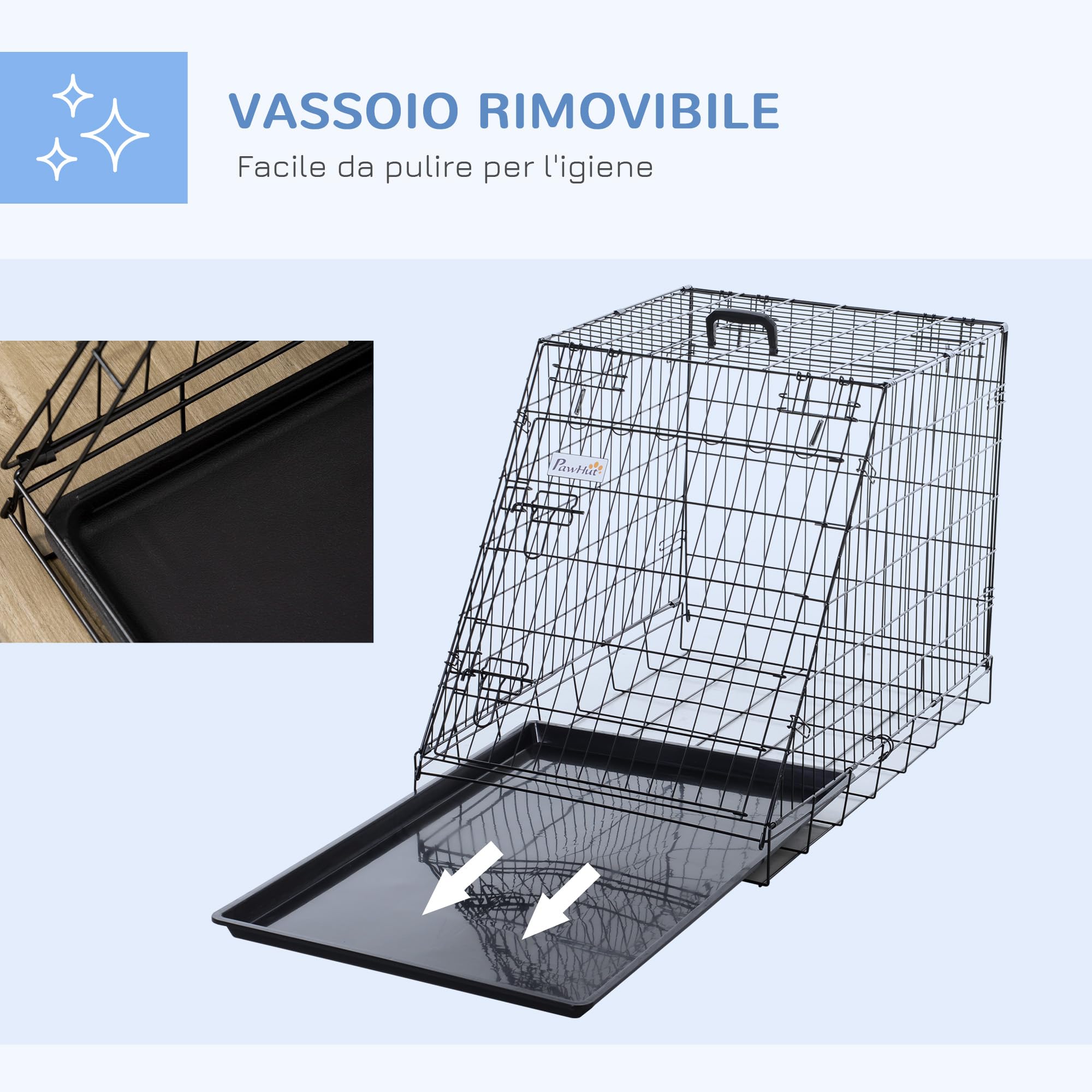 Gabbia Pieghevole Per Cani PawHut 75x48,5x53 Cm – 2 Porte, Vassoio Estraibile, Cuscino Lavabile – Per Cani Fino A 10 Kg, Trasporto E Addestramento