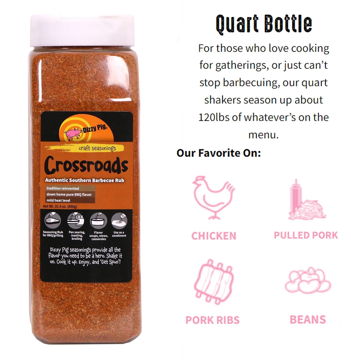 Dizzy Pig Crossroads Authentic Southern Barbecue Seasoning Rub (Quart Shaker) - Seasons Around 120lbs of Food - Hand Made in the USA - MSG Free, Gluten Free