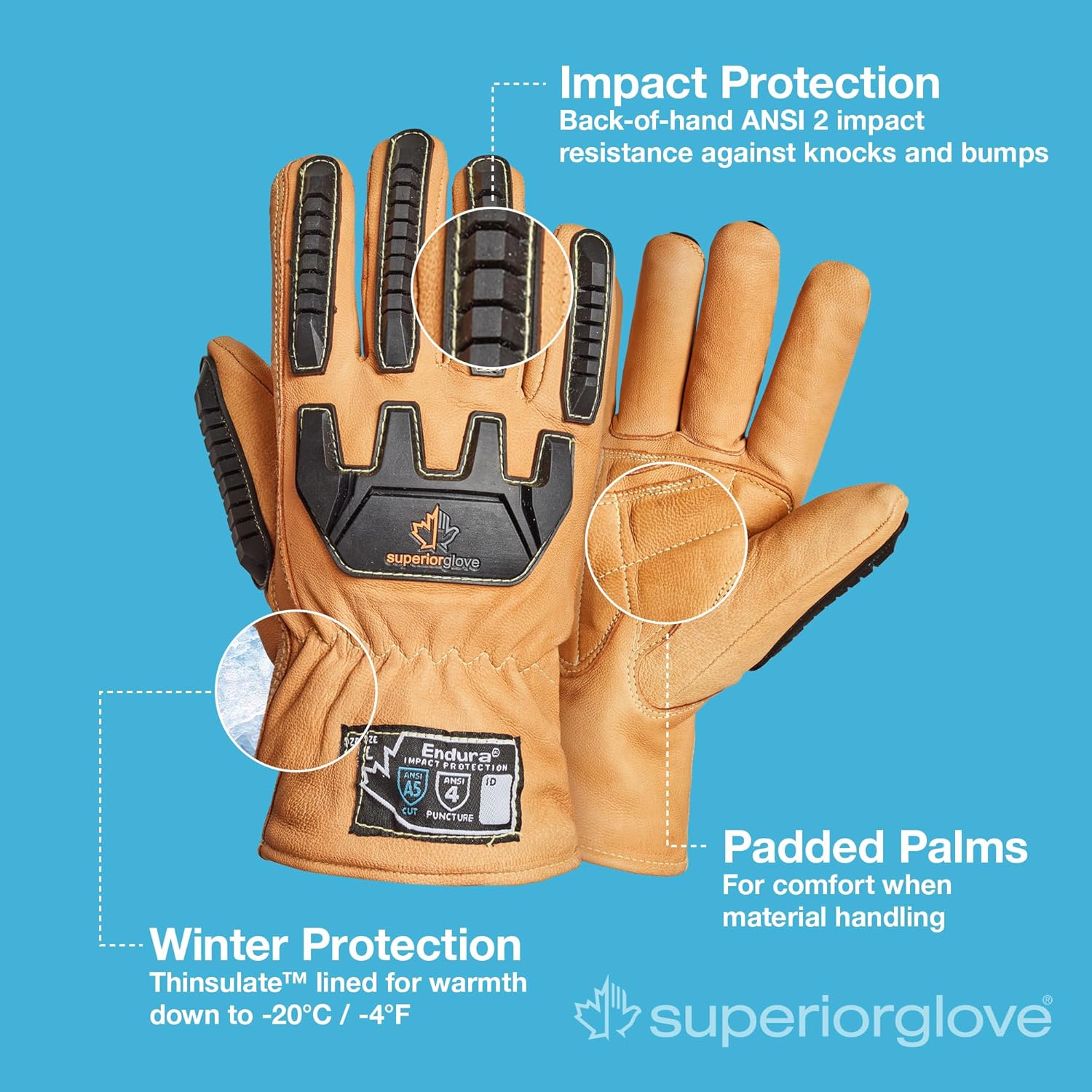 Superior Glove Endura Cut and Impact Resistant Leather Work Gloves – Insulated for Cold Winter Temperatures – 378KGTVB Large (Pack of 1 Pair)