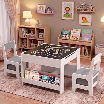 Arlopu Kids Table & 2 Chairs Set, 4 in 1 Wooden Activity Table w/Bookshelf