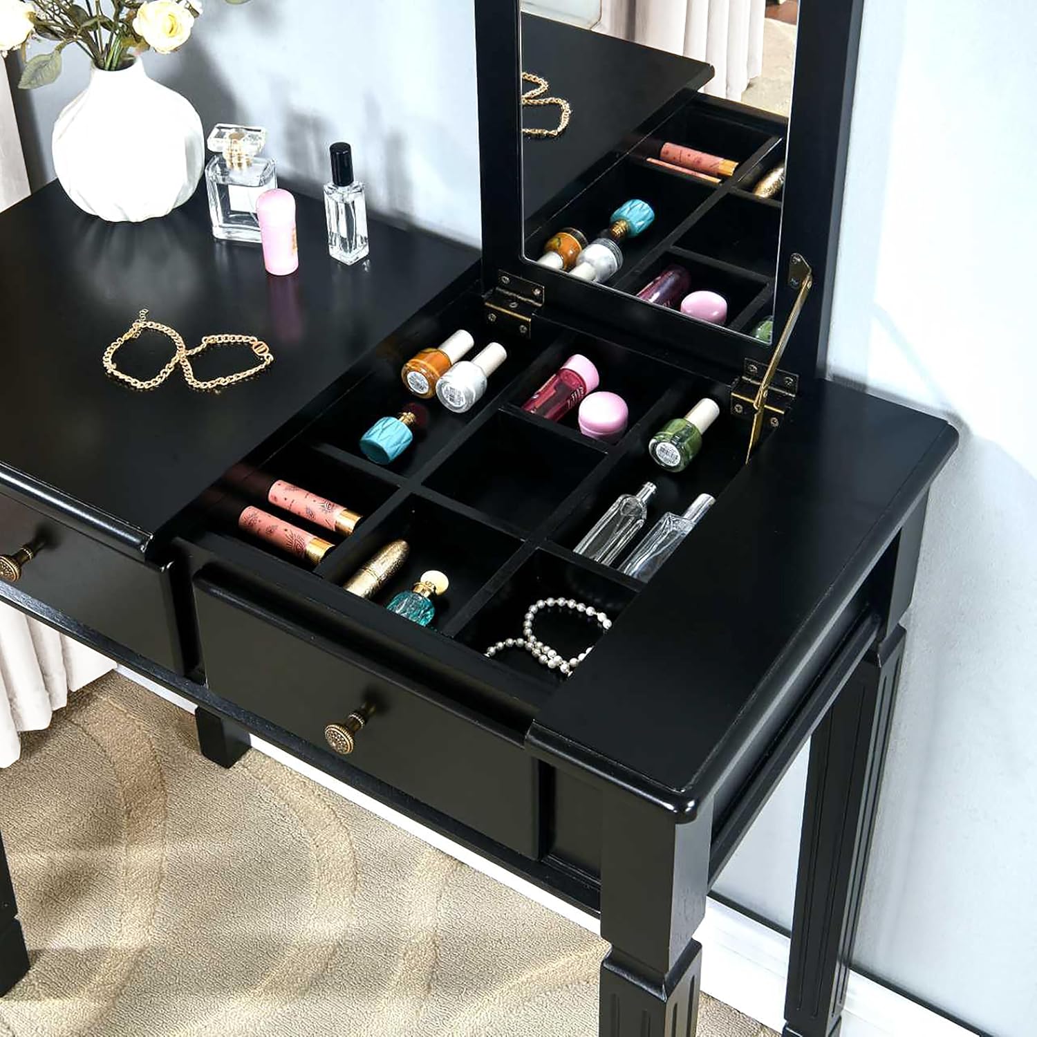 MODERION Small Makeup Vanity Desk Table with Flip-Top Mirror and Hidden Storage Compartments, Wood Computer Writing Desk with 2 Drawers, Easy Assembly Dressing Table for Bedroom Black SZT-D0036-BK