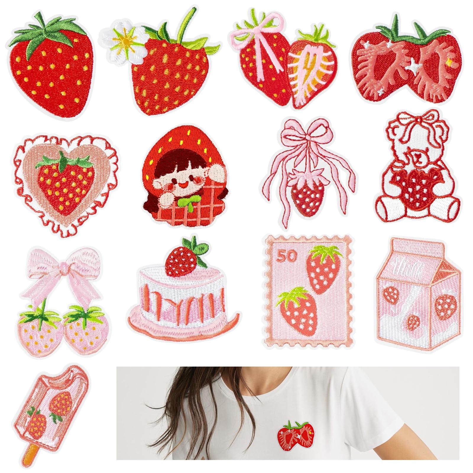 FAURAPMNG 13 Pcs Strawberry Iron on Patches Embroidered Patch Sew on Cute Strawberry Fruit Applique Pink Bow Cake Patches for Clothing, T-shirts, Bags, Jackets, Jeans, Hats, Backpacks, DIY Accessories