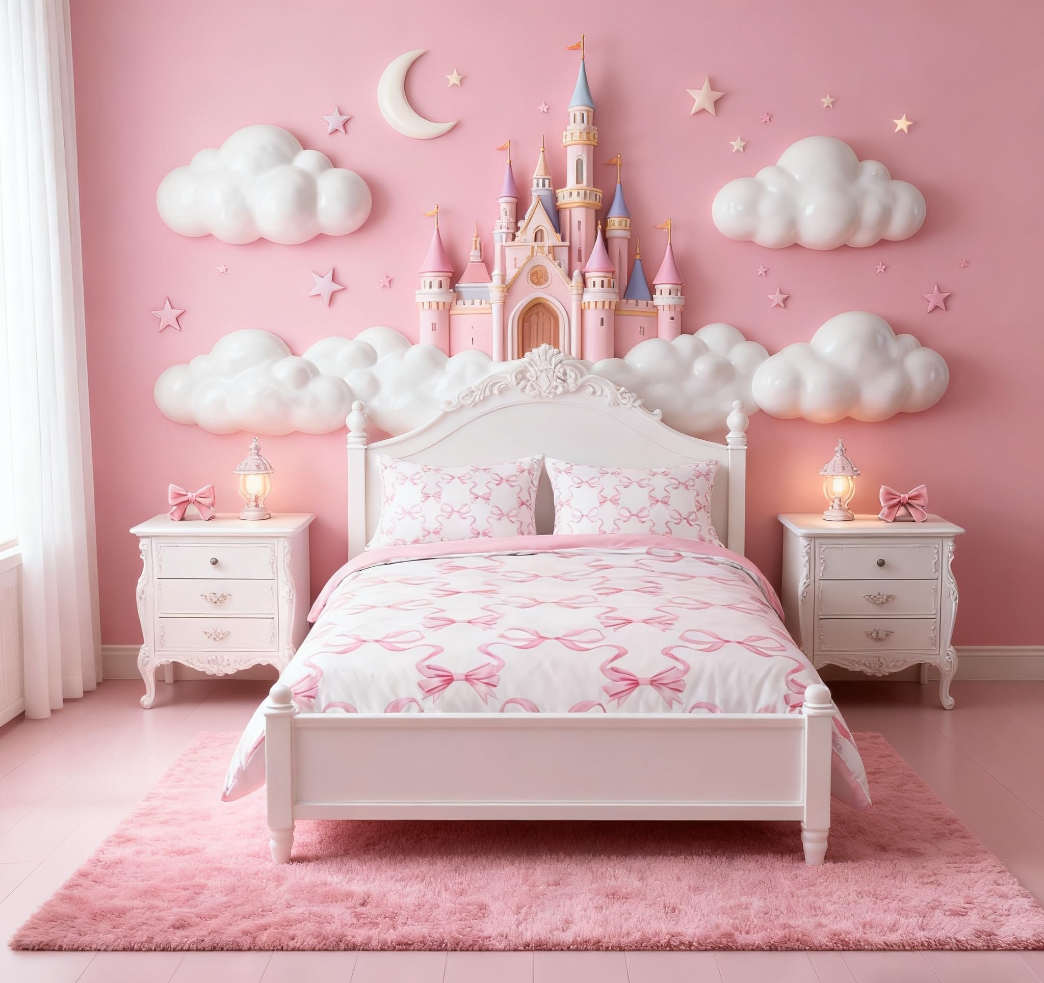 Feelingyou Baby Pink Pink Bowknot Duvet Cover Double Size,Princess Style Watercolor Bow-Tie Bedding Set 3 Pcs For Kids Teens,Fairy Tale Bow Ribbon Stripes Pink White Comforter Cover(No Filler),Kawaii Quilt Cover
