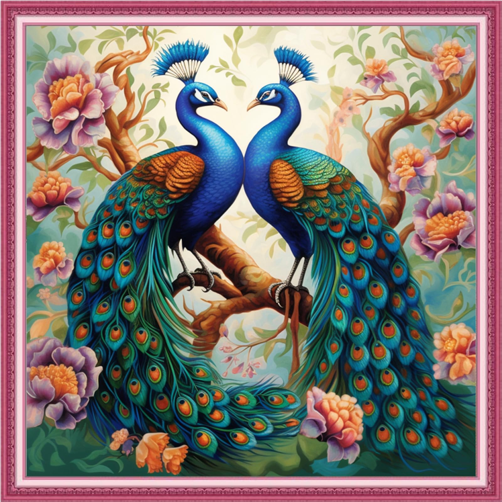 DMCVIVR Stamped Cross Stitch Kits for Beginners Adults Needlepoint Kits for Beginners Embroidery Kits for Adults Crossstitch Kit for Beginners 11CT-Peacock Couple 18x18 inch