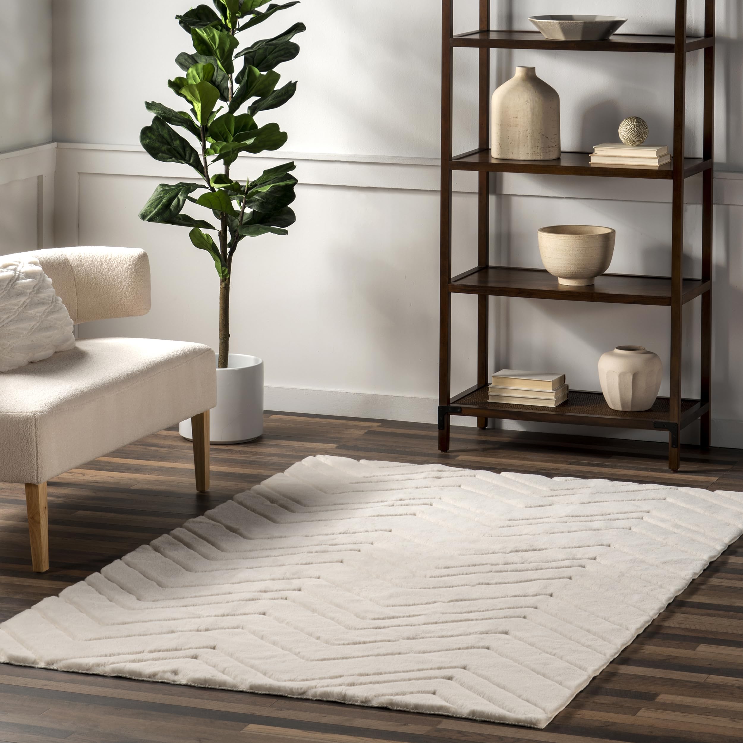 Tapis à chevrons nuLOOM lavable tapis blanc 0,9x1,8m imitation lapin doux