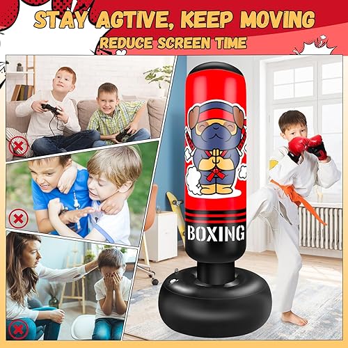 Miniatura 3 de Saco de boxeo inflable para niños, saco de boxeo para niños de 65 pulgadas con guantes para niños y niñas, juego de boxeo para practicar karate,