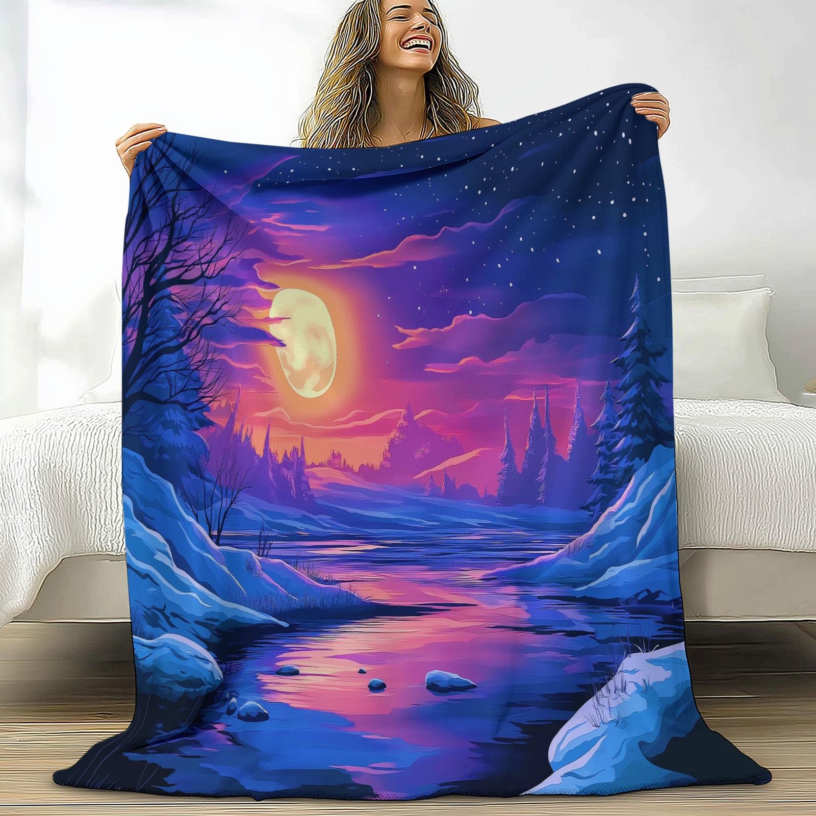 Manta de franela para paisajes de invierno, 220 x 240 cm, manta de forro polar de microfibra polar para todas las estaciones para viajes, sofá para viajar, cama, sofá para niños, adultos, azul zafiro