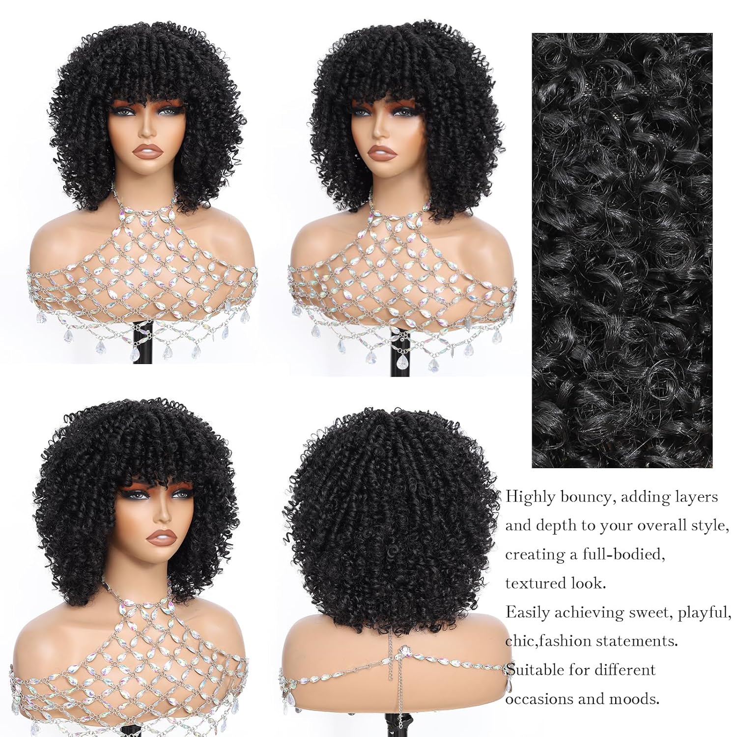 Black Bang Wig Sprial Curly Wig with Bangs, 12 Inch Afro Curly Wigs for Black Women, Glueless Wig for Beginner, Boucy and Chic, 1B, 3C Curls,